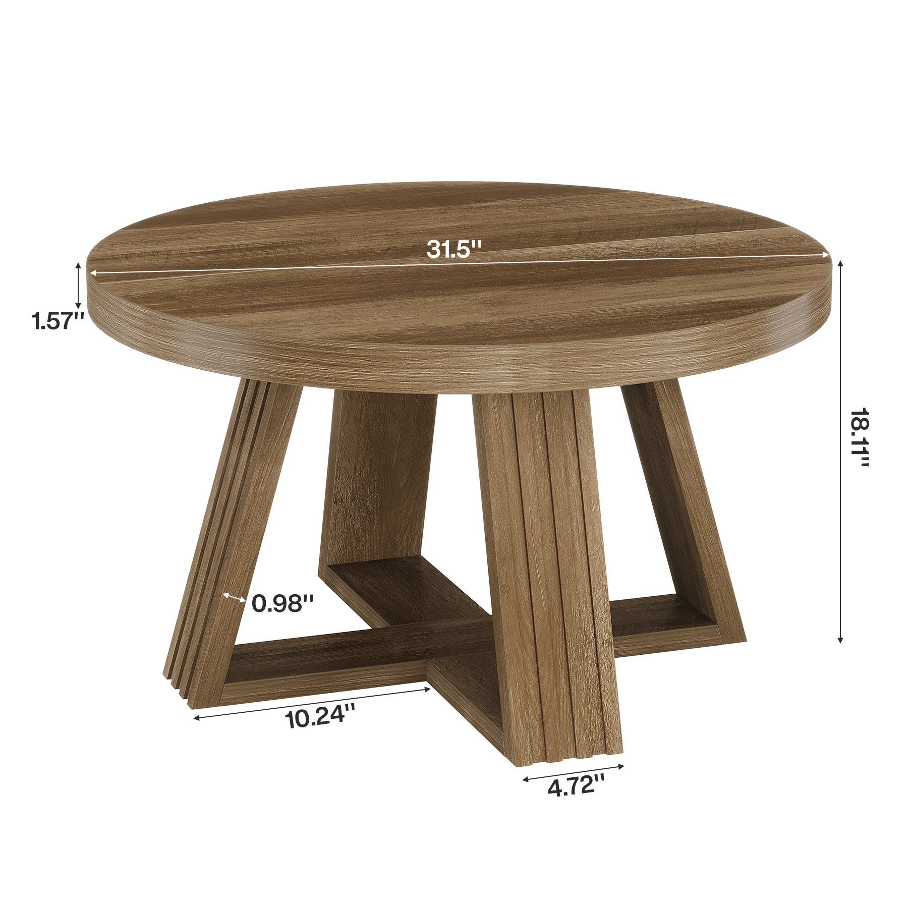 31.5-Inch Round Coffee Table with Thick MDF Tabletop and Cross Base, Rustic Farmhouse Center Table for Living Room
