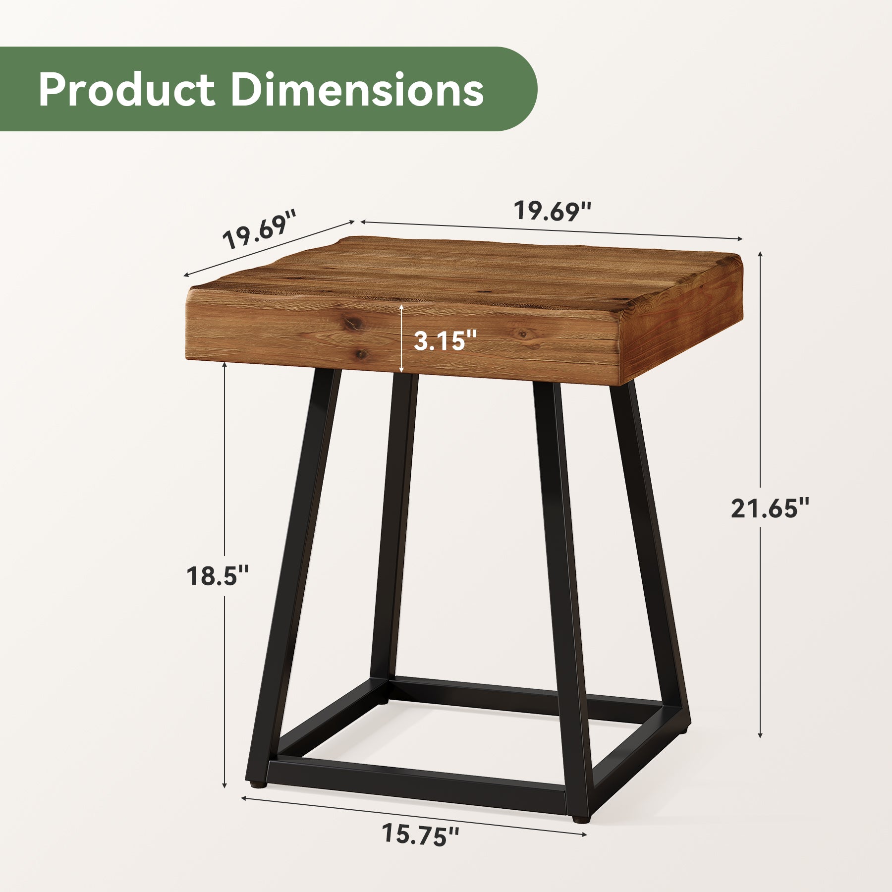 19.7 Inch Solid Wood Nightstand with Metal Frame, Industrial Square Bedside Table