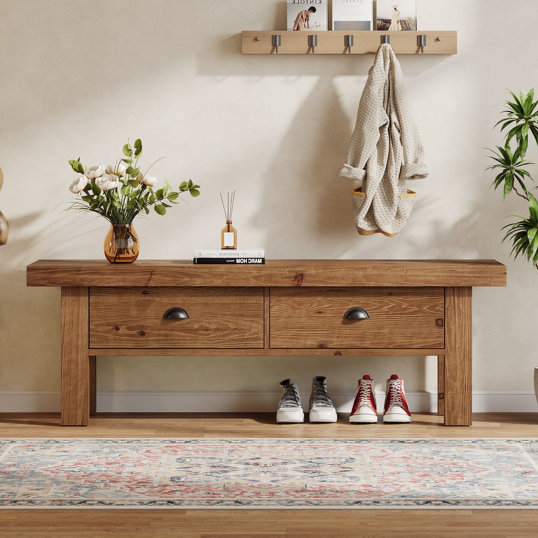 Tribesigns 55 Inch Solid Wood Storage Bench with 2 Drawers, Farmhouse Entryway Seat for Hallway