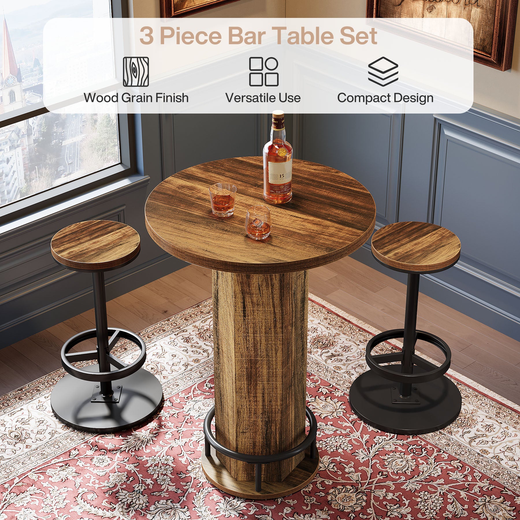 Tribesigns 23.62-Inch Round Bar Table Set, Industrial Bistro Table with 2 Bar Stools and Metal Footrest for Kitchen Apartment