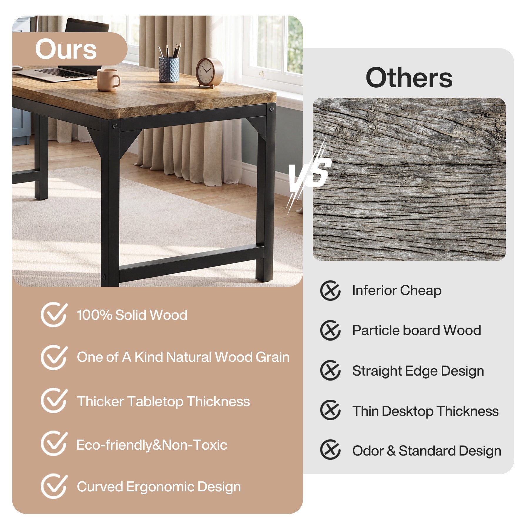 63-Inch Solid Wood Office Desk with Metal Frame and 800 lb Capacity, Heavy-Duty Computer Desk for Home Office