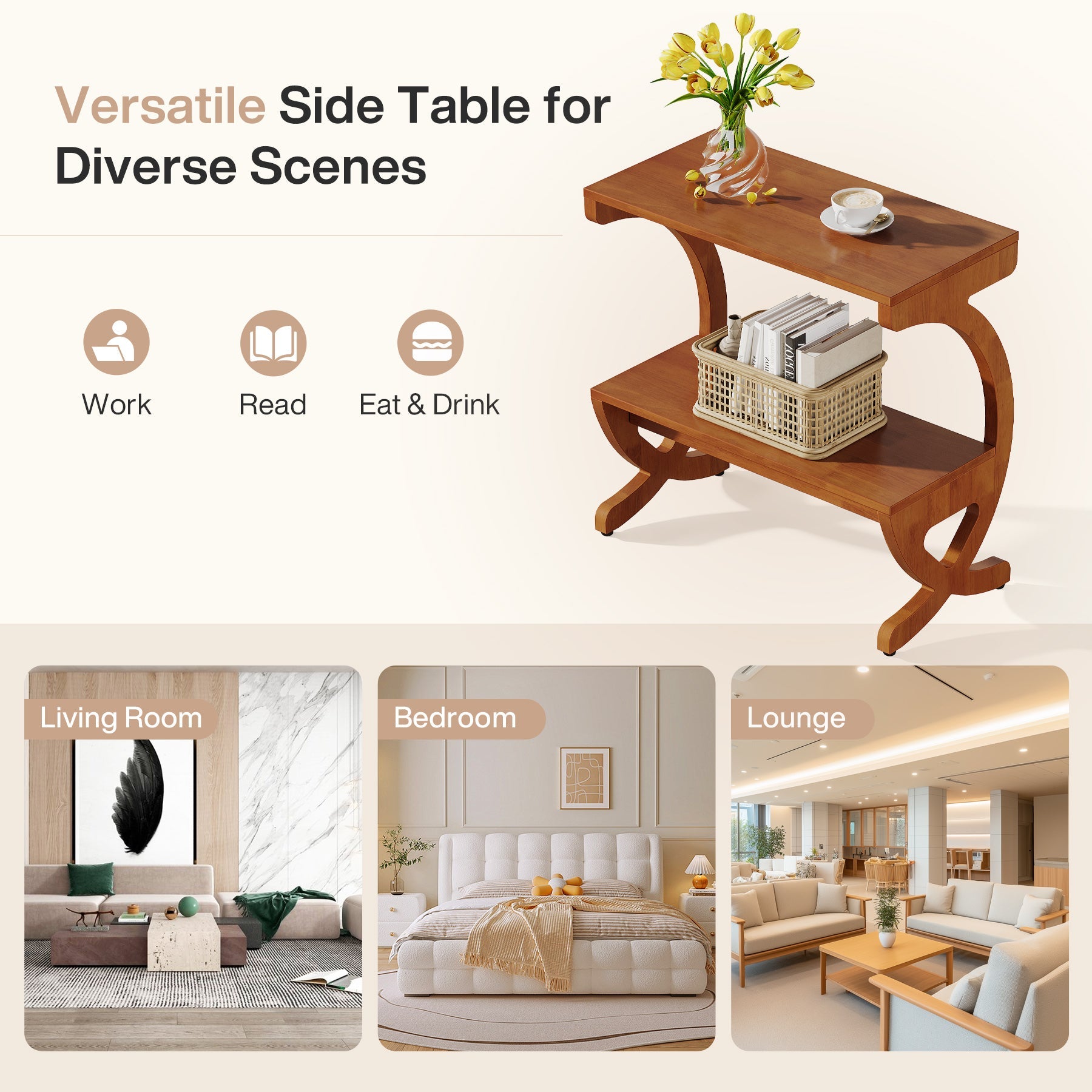 23.6-Inch Mid-Century Modern Nightstand with 2-Tier Storage and Curved Crossed Legs