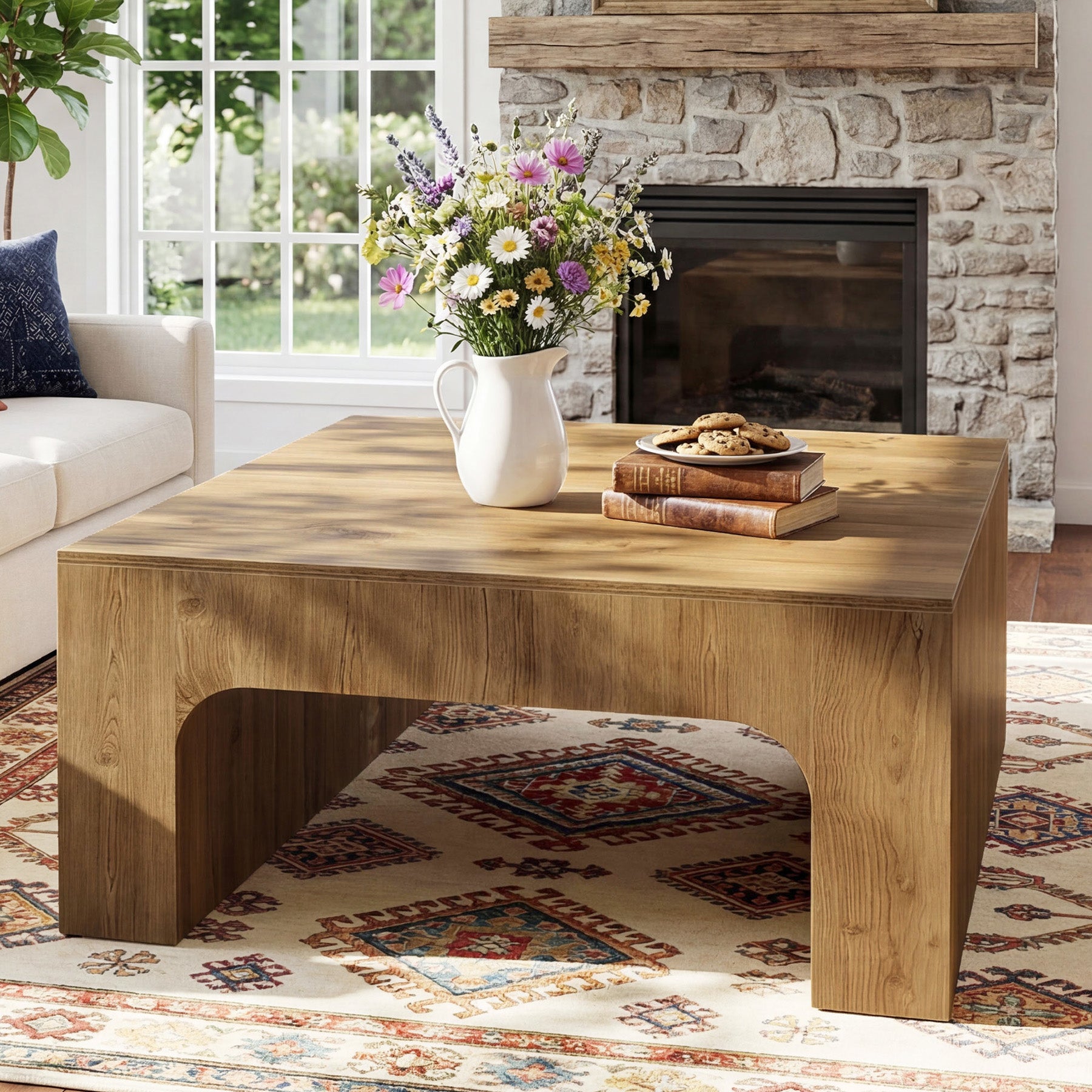 39 Inch Square Coffee Table, Farmhouse Wooden Center Table with Curved Design for Living Room