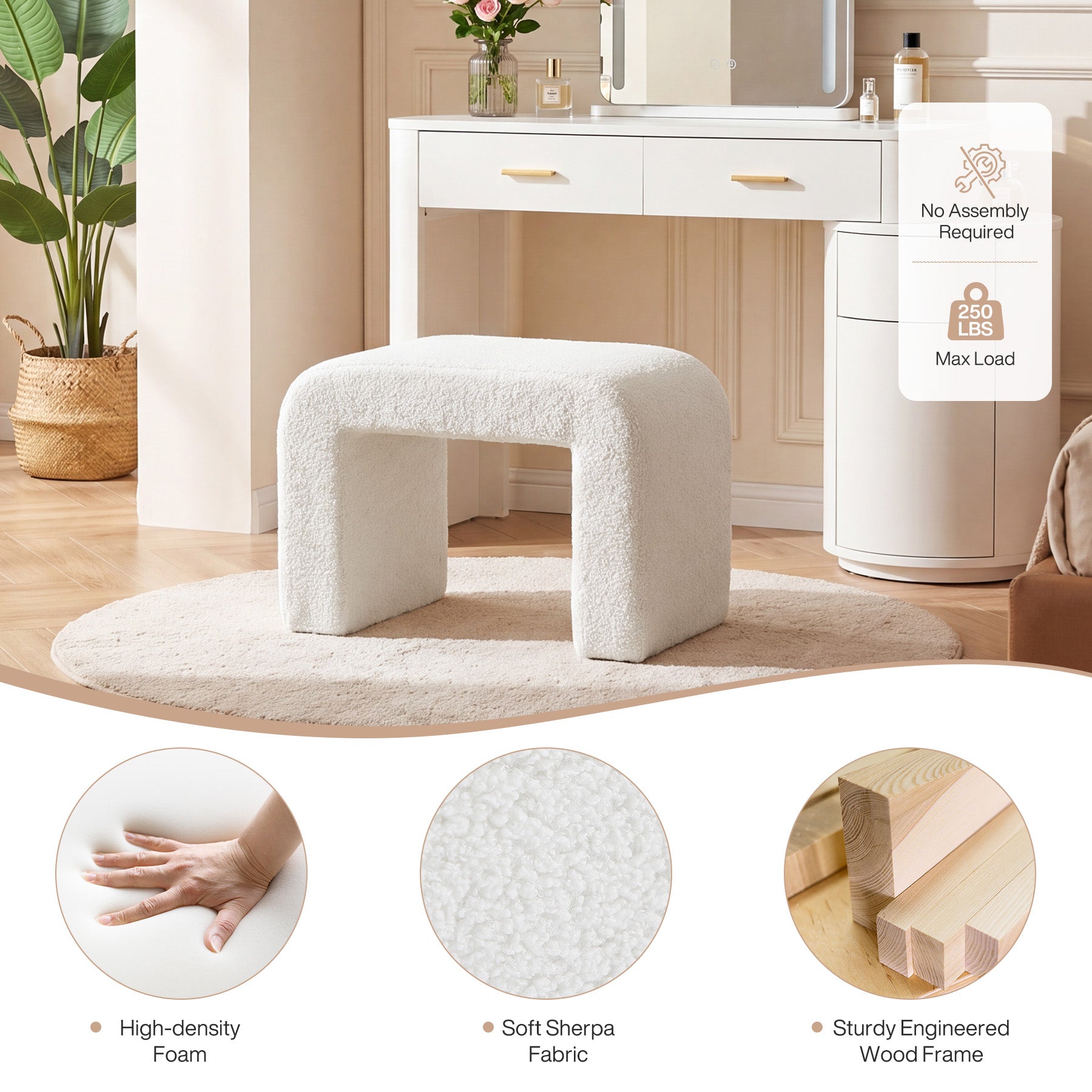 23.62-Inch Modern Vanity Stool with Faux Cashmere Upholstery, Arched Ottoman Footstool