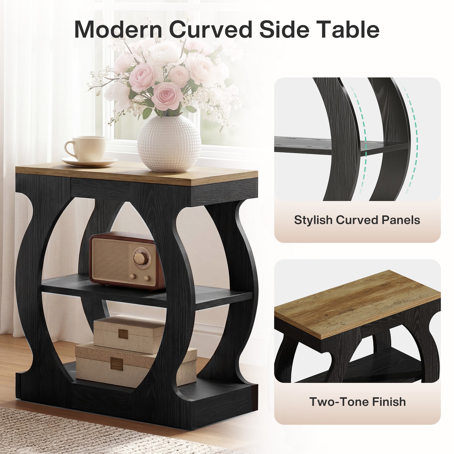 Tribesigns 23.6 Inch Narrow End Table with 3-Tier Storage, Wooden Side Table with Curved Frame
