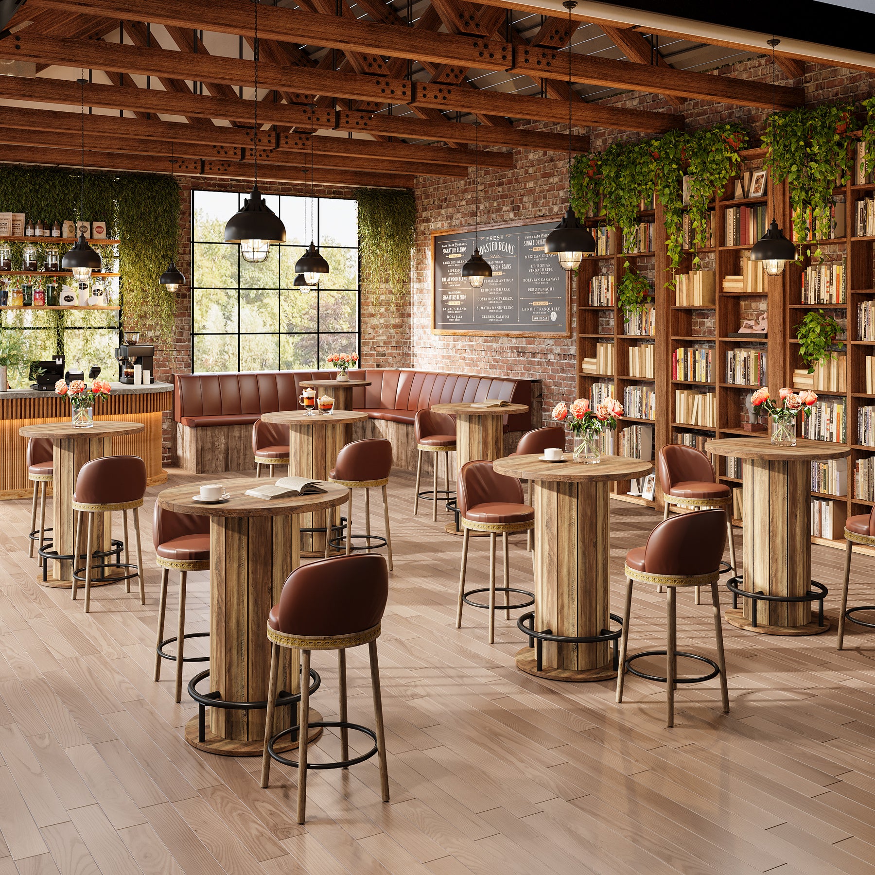 39.4" Round Wood Bar Table, Metal Ring Footrest for Dining & Living