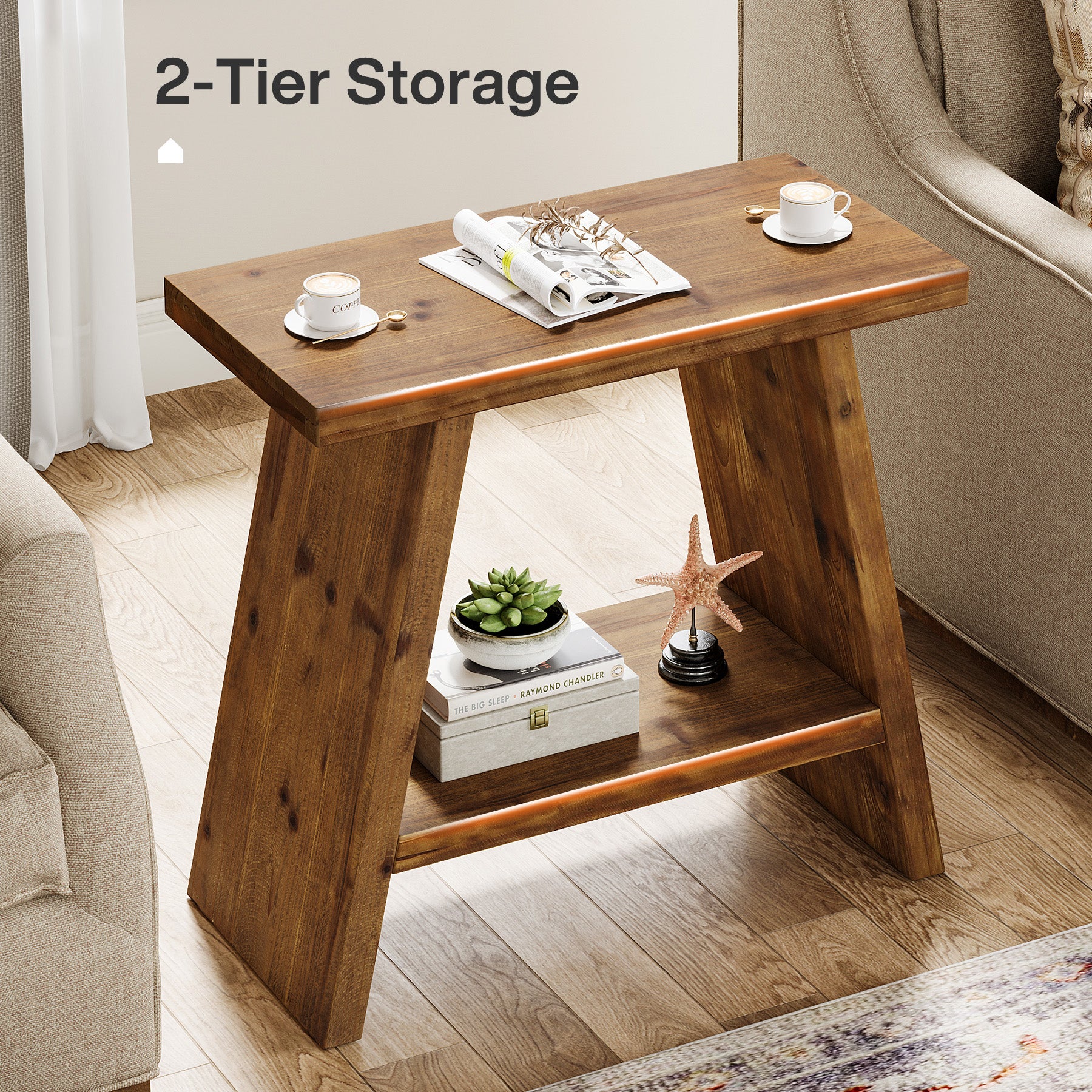 Tribesigns 23.62" Solid Wood End Table, 2-Tier Nightstand for Living Room and Bedroom