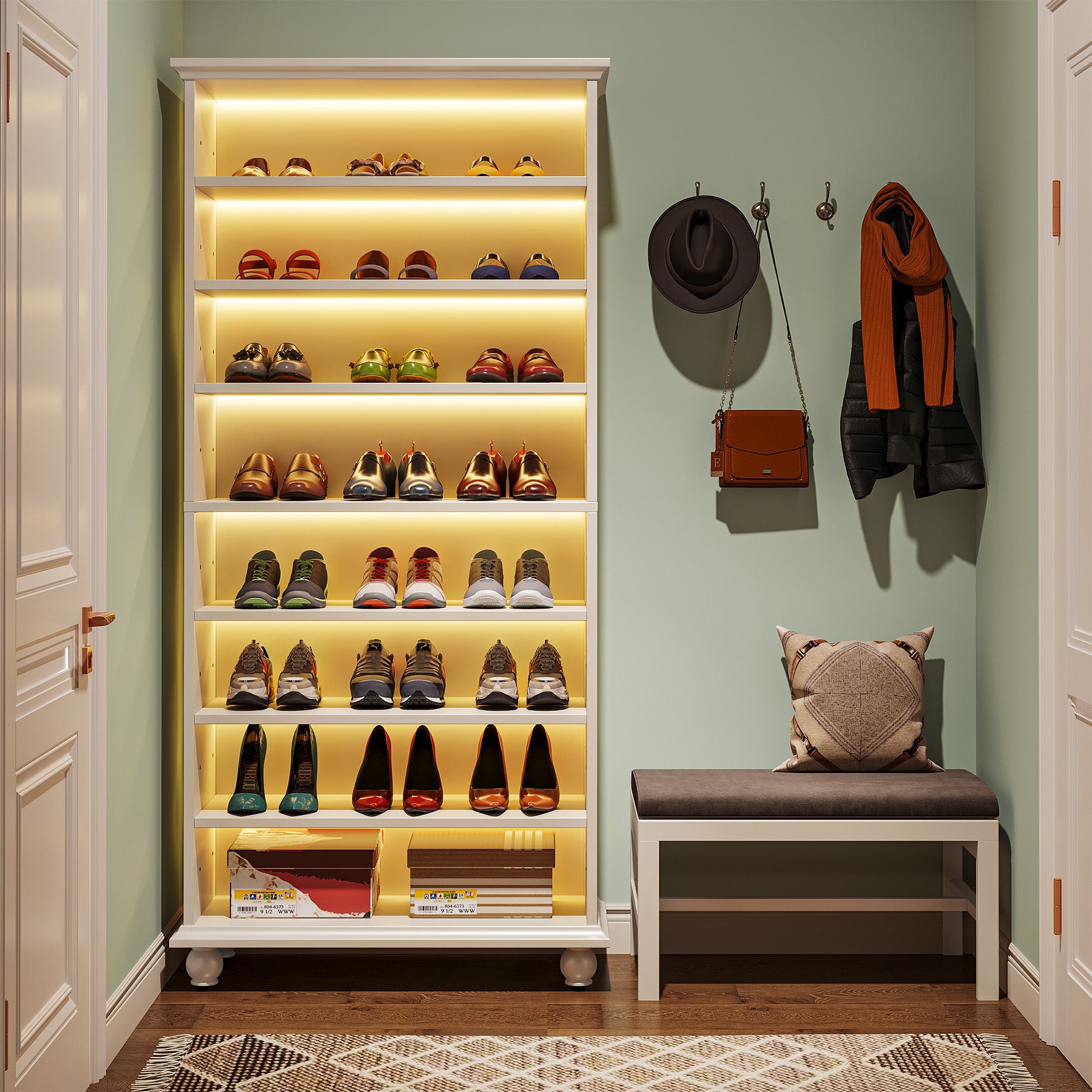 Tribesigns 69-Inch Tall Shoe Storage Cabinet with LED Lighting and Solid Wood Legs, 28-Inch Wide 30-Pair Shoe Rack Organizer