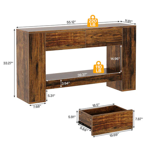 55" Console Table, 2-Tier Wooden Sofa Table with 2 Drawers