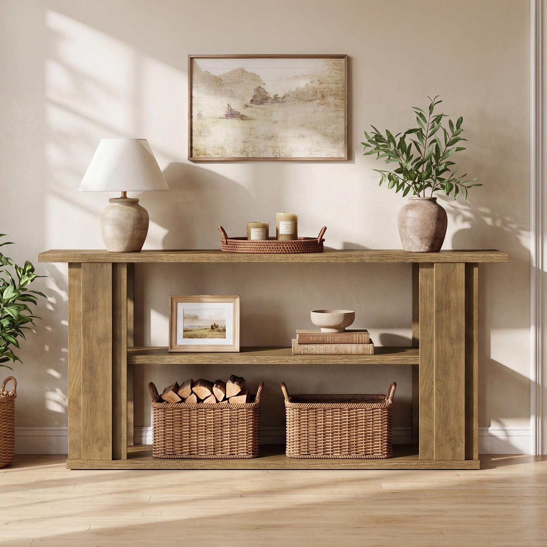 Tribesigns 63-Inch Farmhouse Console Table with 3-Tier Storage Shelves and Wide Panel Supports, Narrow Sofa Table for Living Room Hallway and Foyer