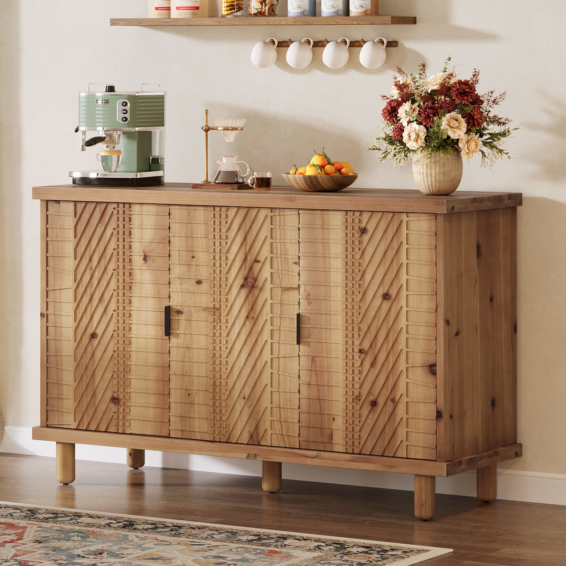 Tribesigns 47.6-Inch Farmhouse Sideboard Cabinet with 3 Doors, Solid Wood Buffet Cabinet for Kitchen