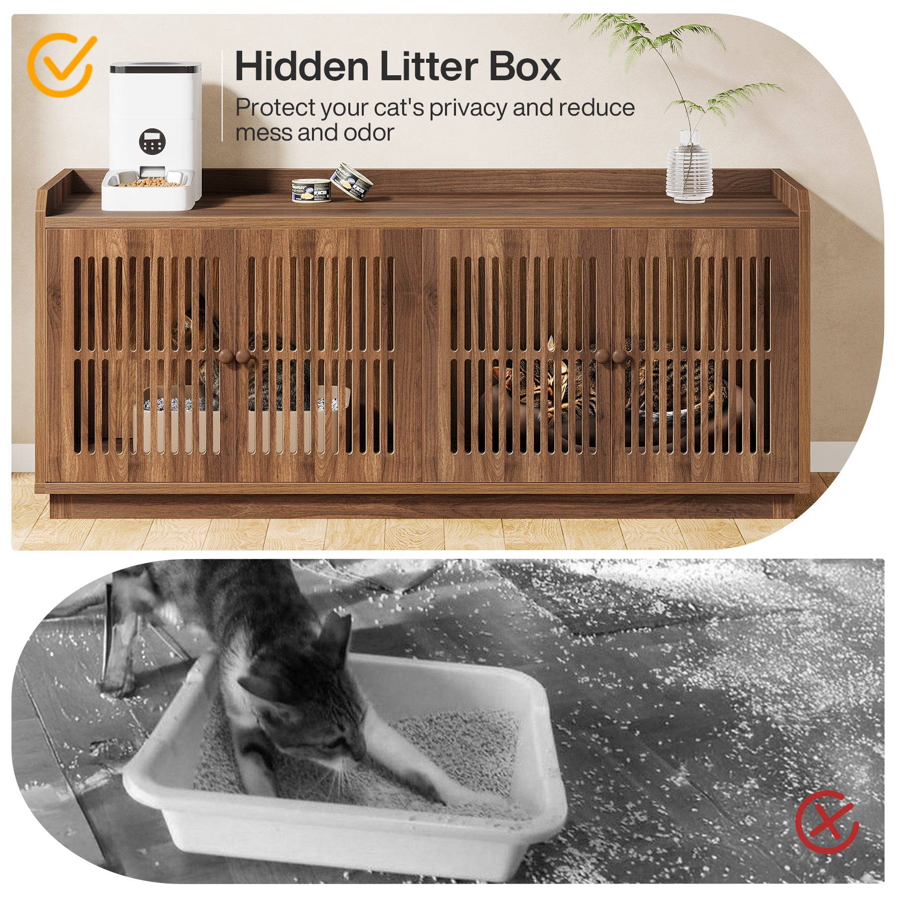 55.1-Inch Extra Large Cat Litter Box Enclosure for 2 Cats with 2 Cabinets and Side Entry, Hidden Wooden Cat Washroom Furniture for Living Room