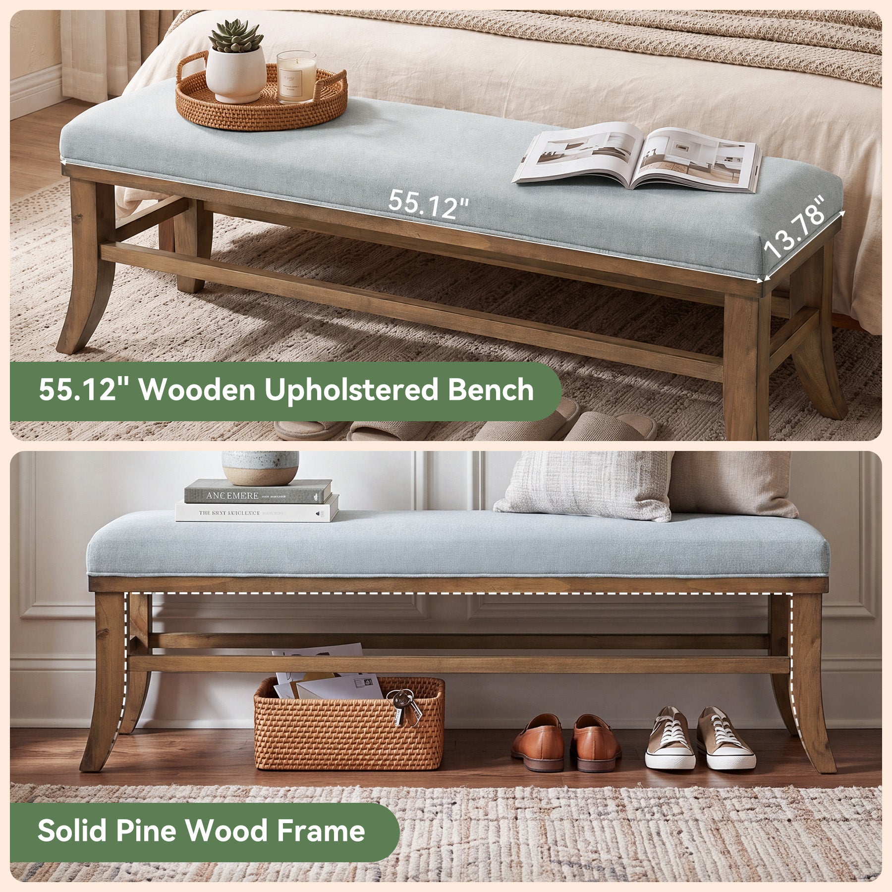 Tribesigns 55-Inch Upholstered Bench, Solid Pine Wood Frame with Cushion for Bedroom Entryway