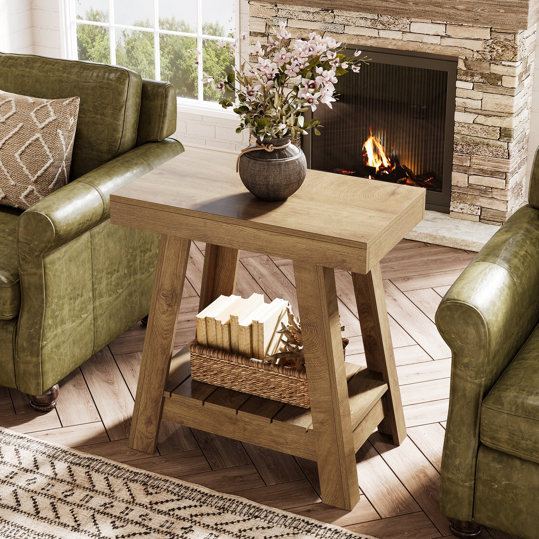 Tribesigns 23.6 Inch 2-Tier End Table with Trapezoidal Base, Farmhouse Side Table for Small Spaces