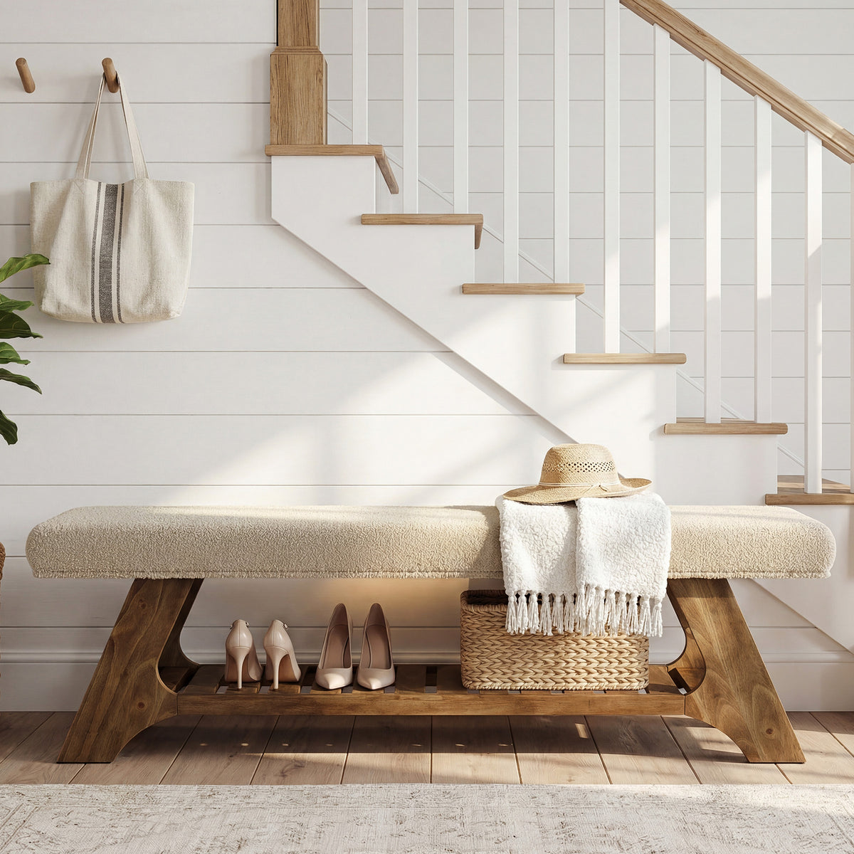 55" Solid Wood Storage Bench with Cushion, Upholstered Entryway Shoe Bench
