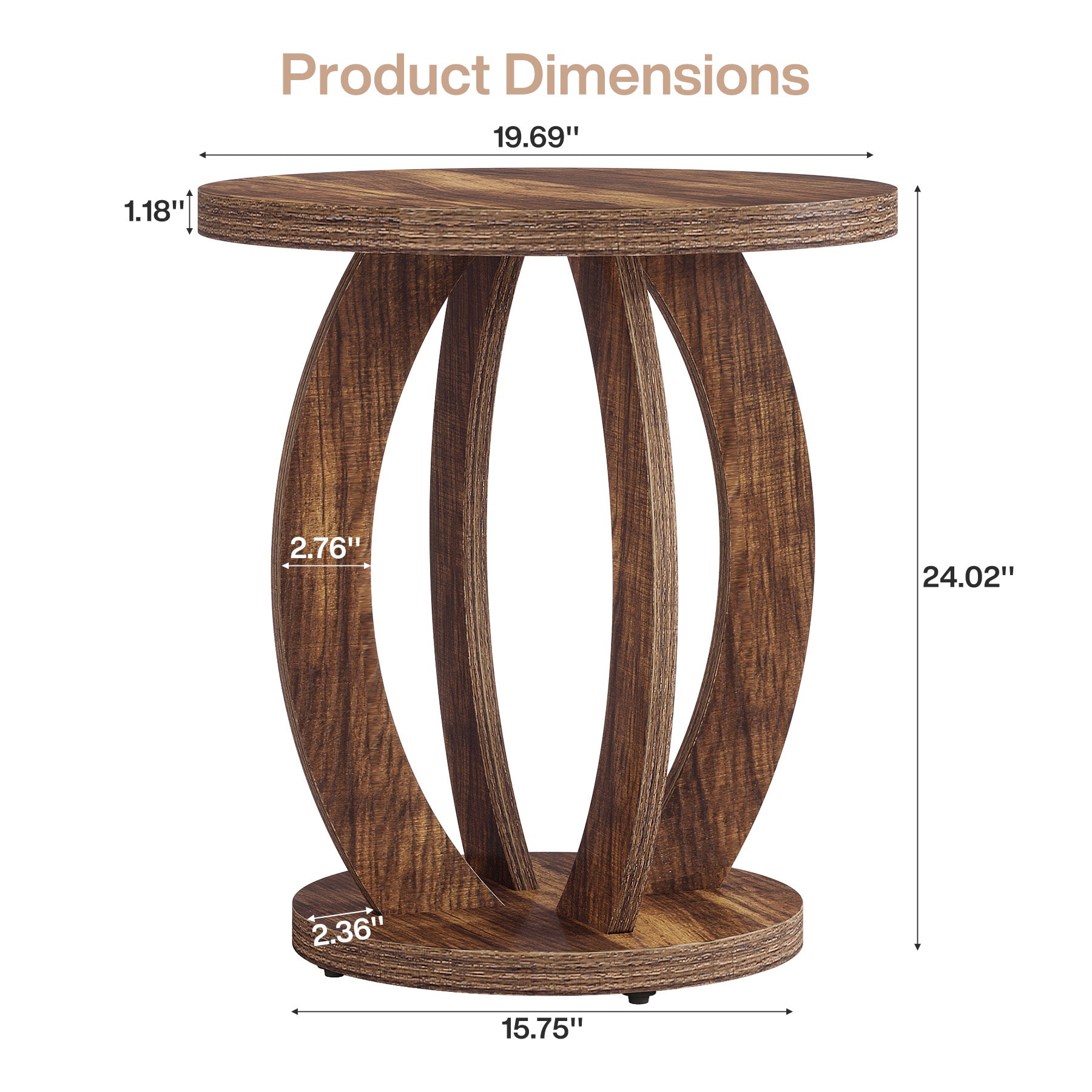 24" Round Farmhouse Nightstand - Bedside Table with Storage, Wood Base, Brown