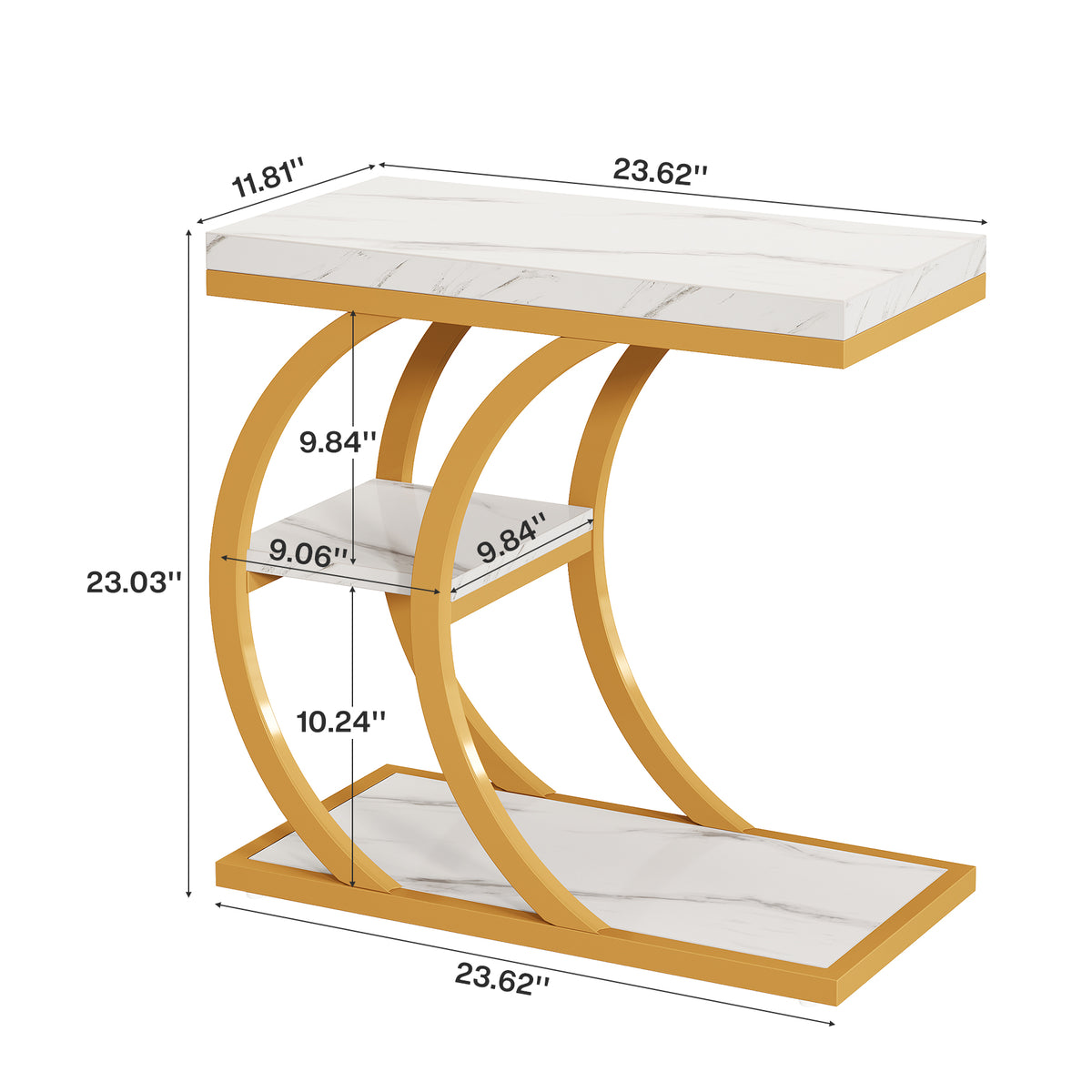 C-Space 3-Tier End Table, A Narrow C-Shaped Wood & Metal Side Table for Small Spaces