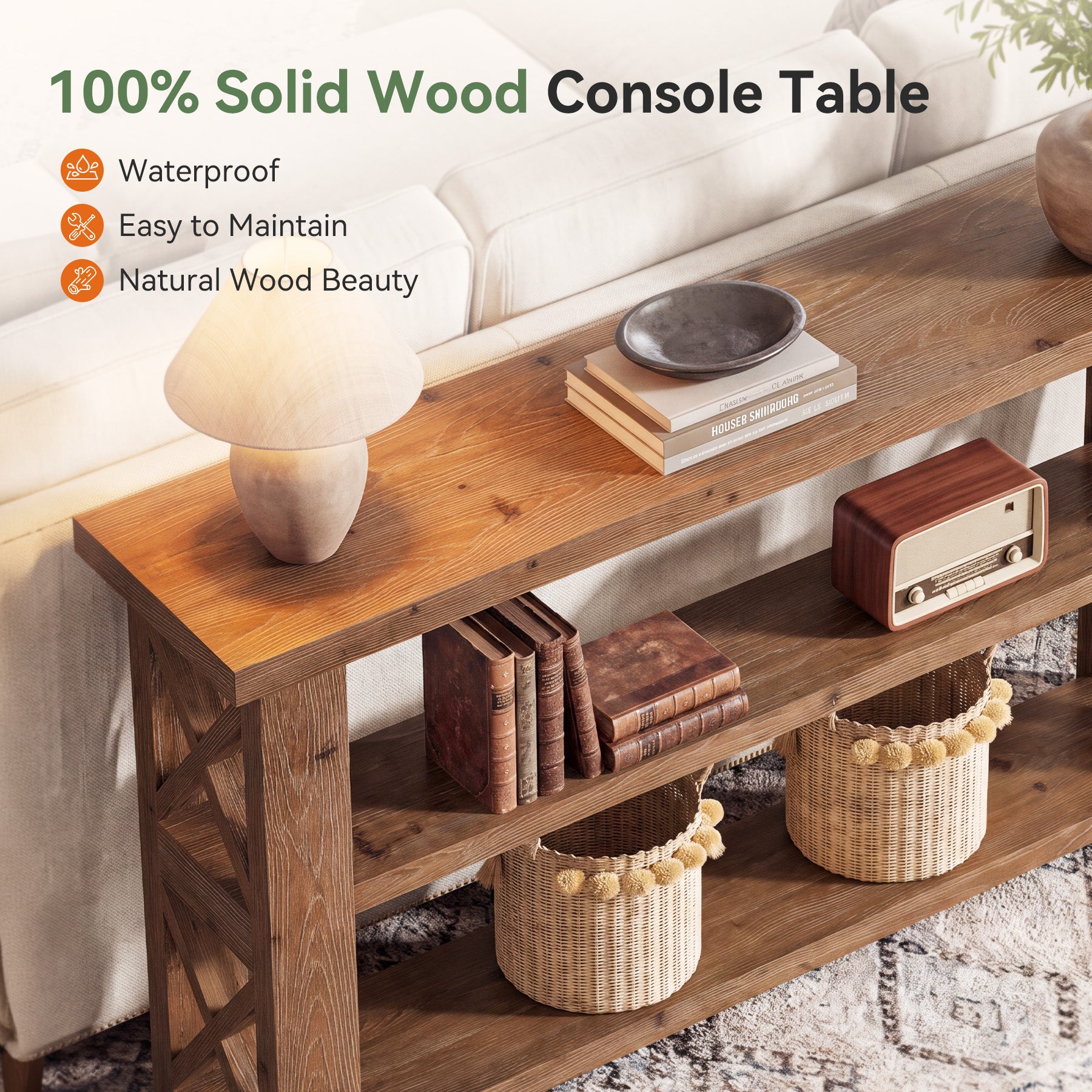 Tribesigns 63 Inch Solid Wood Console Table with X-Frame, 3-Tier Hallway Table for Living Room