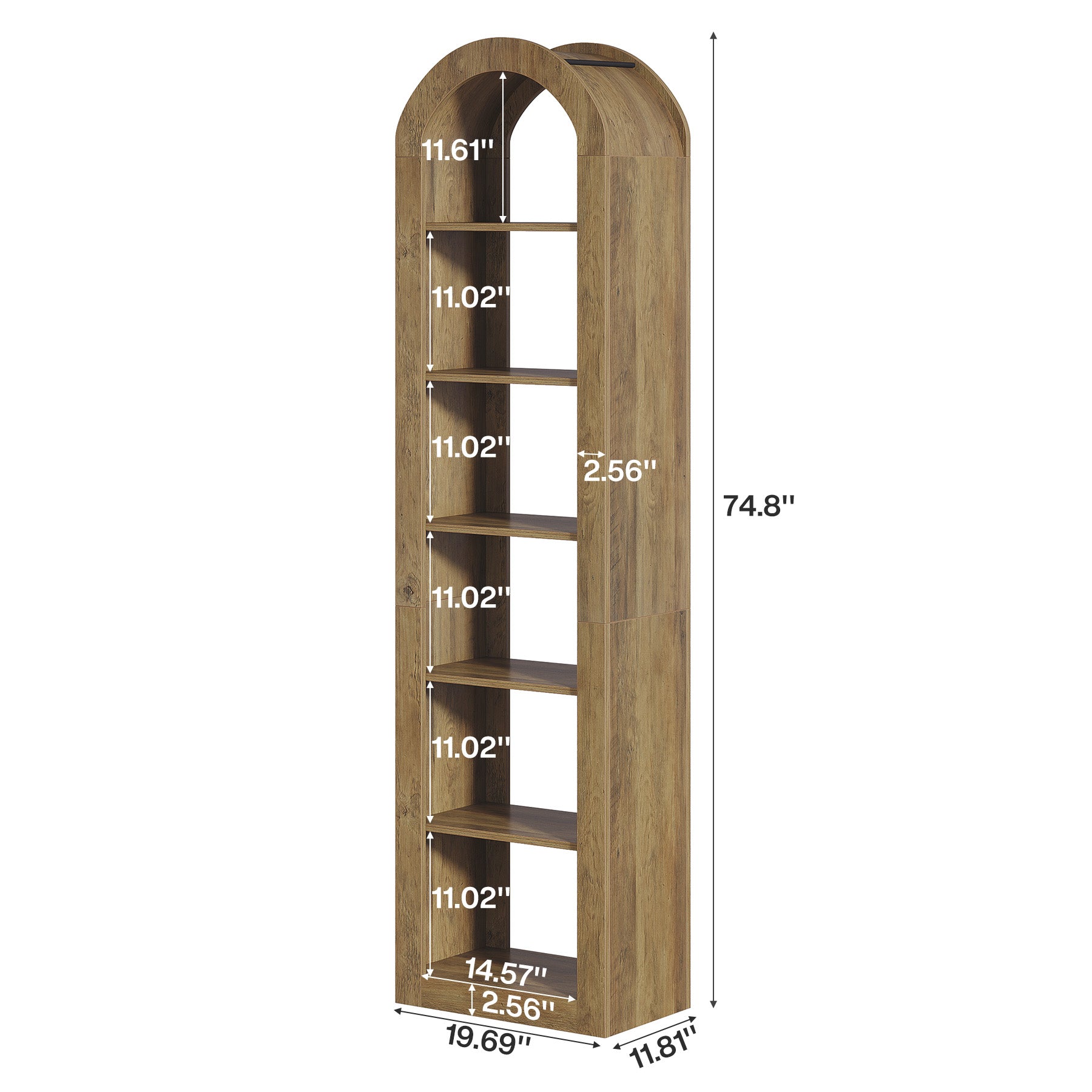 74.8-Inch Tall Arched Bookshelf, 6-Tier Narrow Open Bookcase for Small Spaces