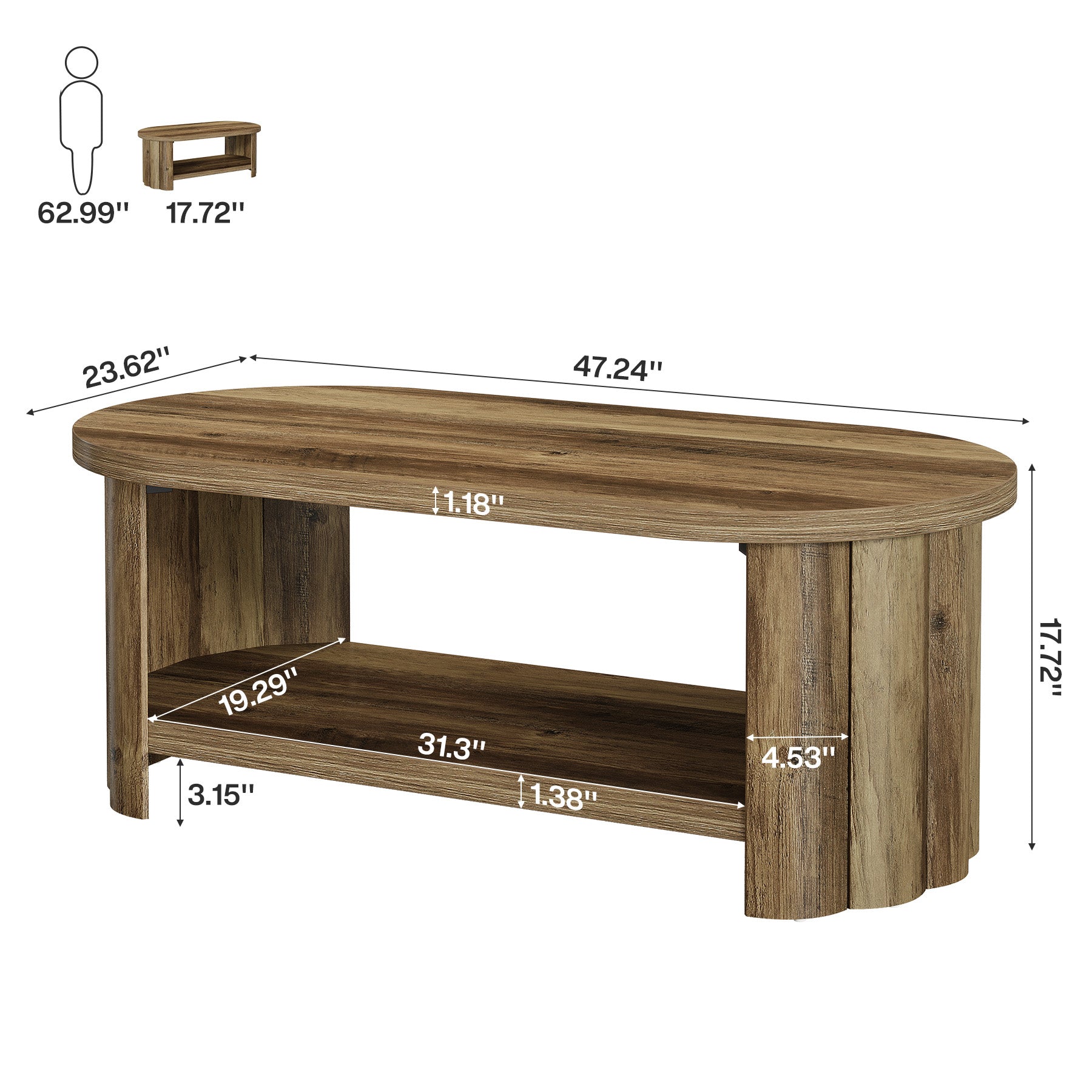 47.24-Inch Oval Coffee Table with 2-Tier Storage Shelf and Dual Base, Farmhouse Accent Center Table