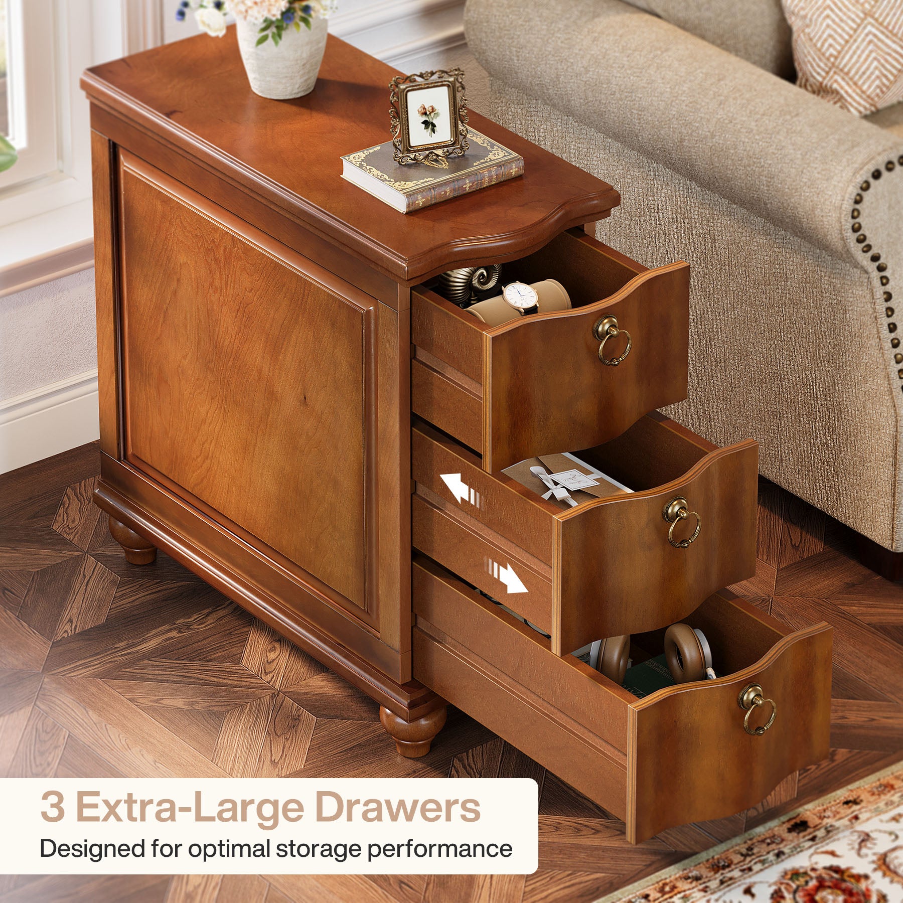 Tribesigns 11.02-Inch Wide Fully Assembled End Table with 3 Drawers, Narrow Walnut Brown Side Table for Bedside Living Room