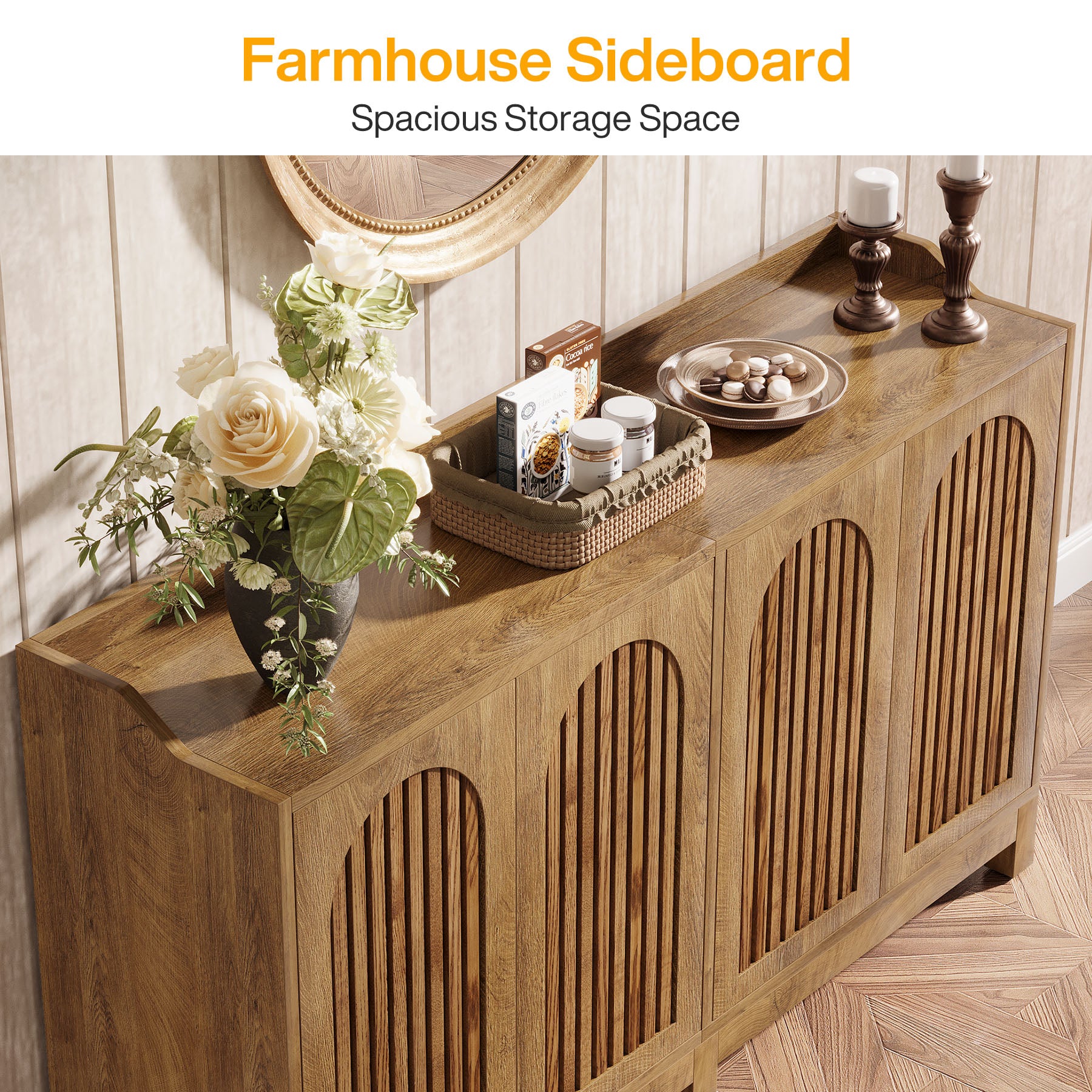 57-Inch Buffet Cabinet with Adjustable Shelves and Grille Doors, Long Sideboard Cabinet for Dining Room