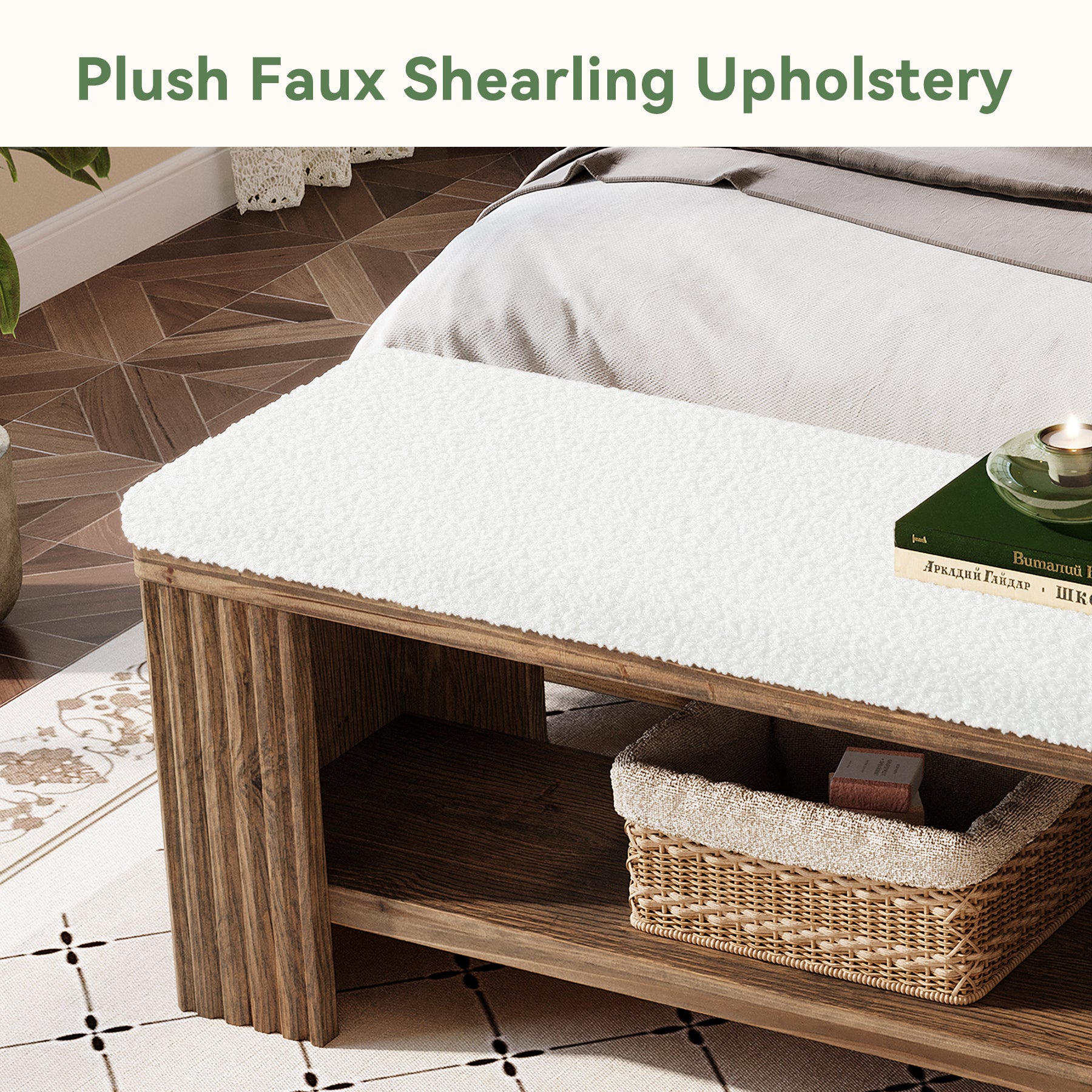 Tribesigns 63 Inch Solid Wood Bench with Removable Faux Lambswool Cushion, Farmhouse End of Bed Seat