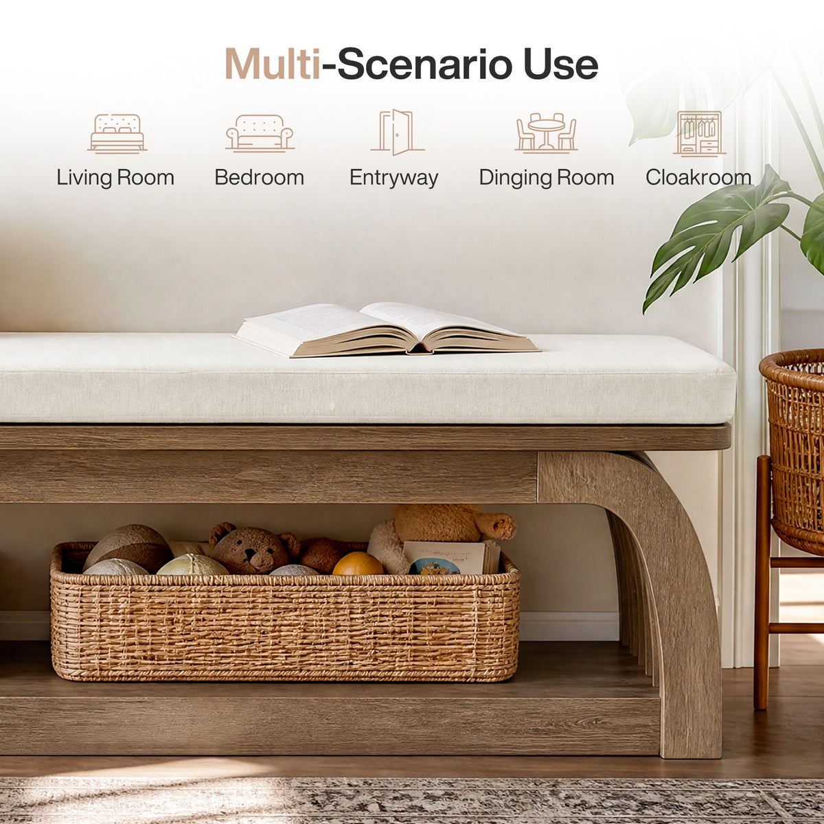 Tribesigns 55.1 Inch Upholstered Entryway Bench with 2-Tier Shoe Storage, Farmhouse Hallway Bench