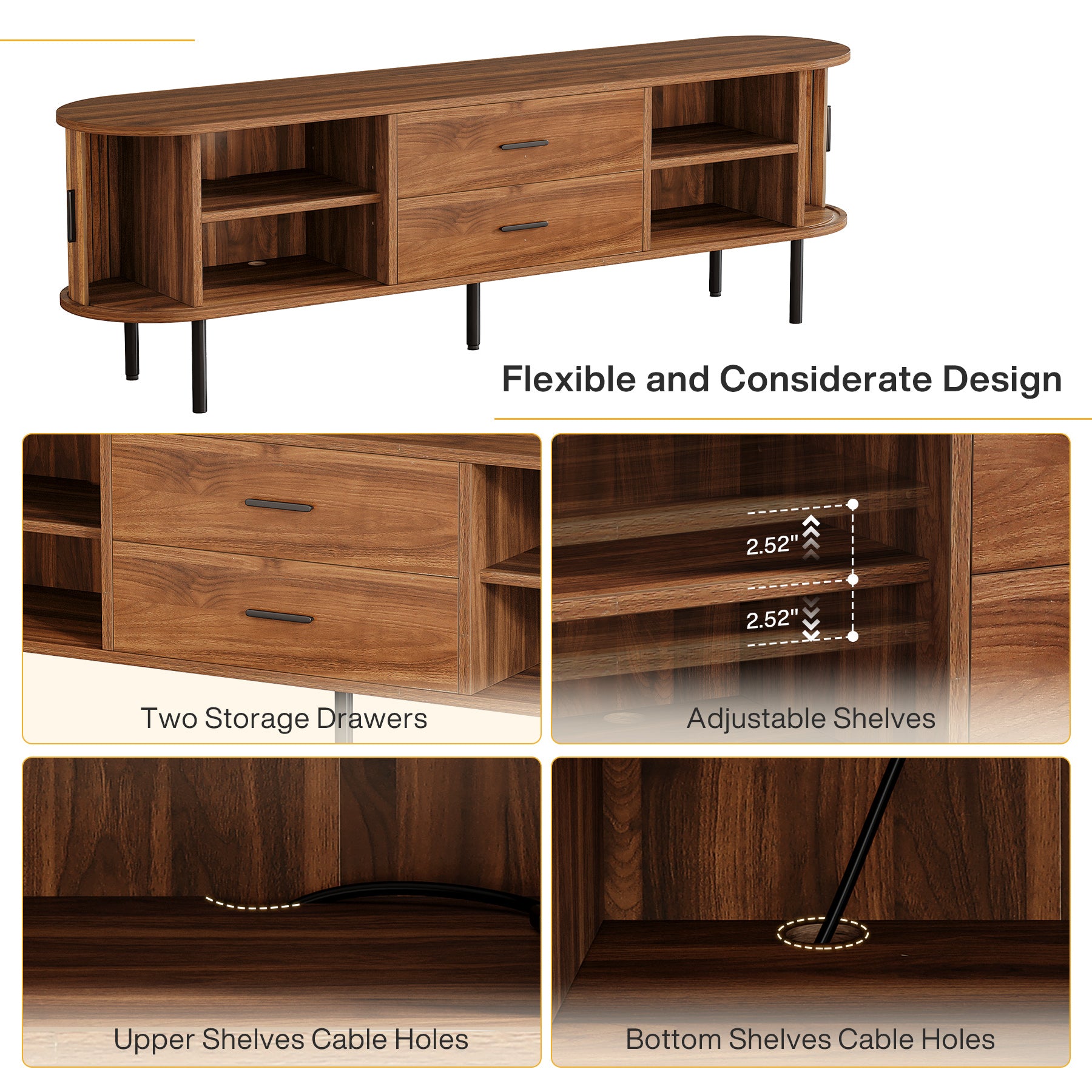 70-Inch TV Stand with Sliding Tambour Door, Mid-Century Media Console for 75-Inch TVs