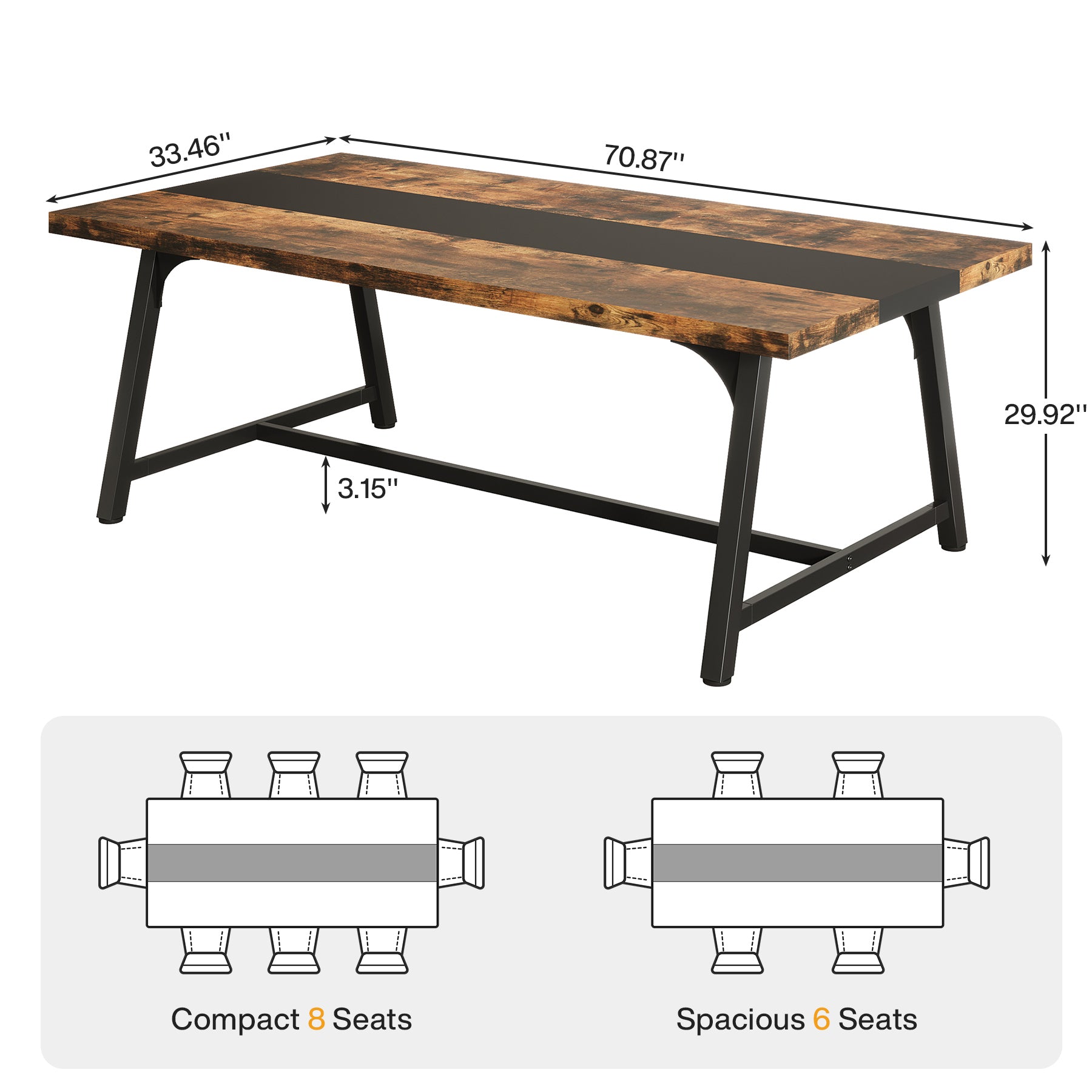 70.9-Inch Dining Table for 6-8 with Thick Top, Industrial Kitchen Table with Metal Frame