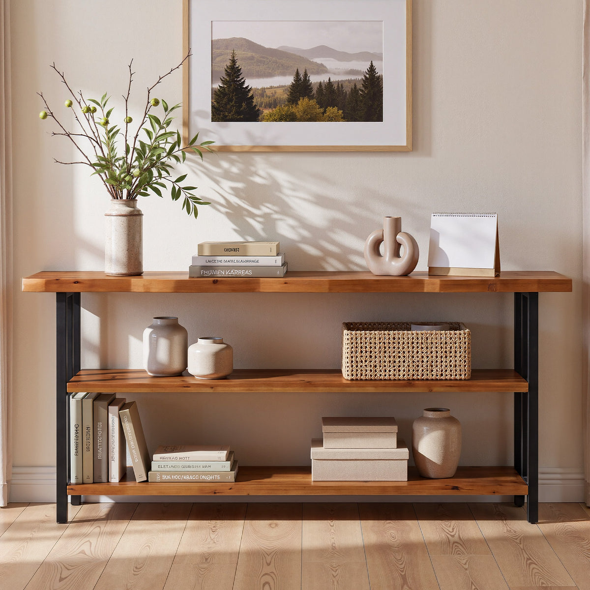 Tribesigns 63 Inch Solid Wood Live Edge Console Table with 3-Tier Shelves, Rustic Hallway Sofa Table