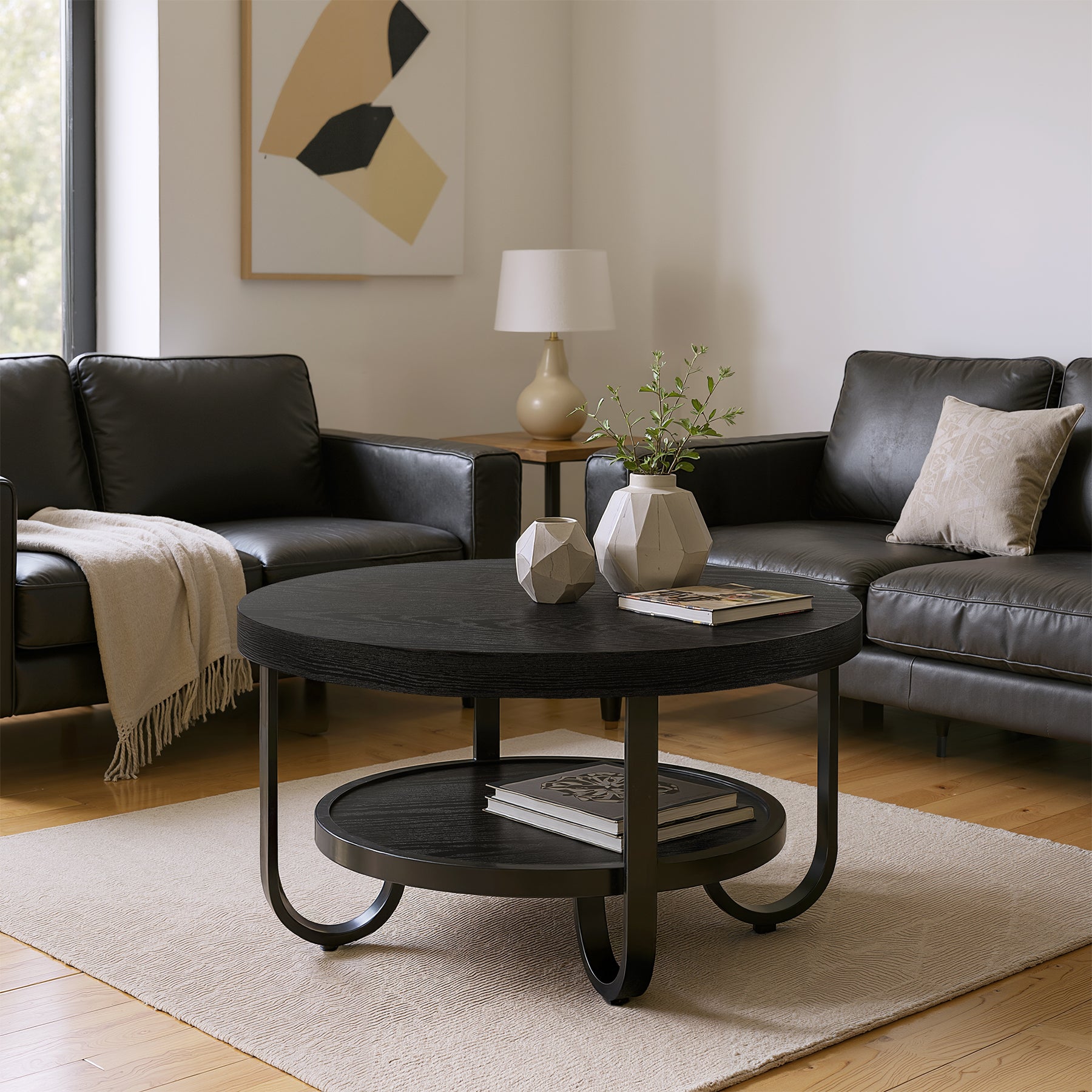 2-Tier Round Coffee Table with Storage, 31.5-Inch Center Cocktail Table