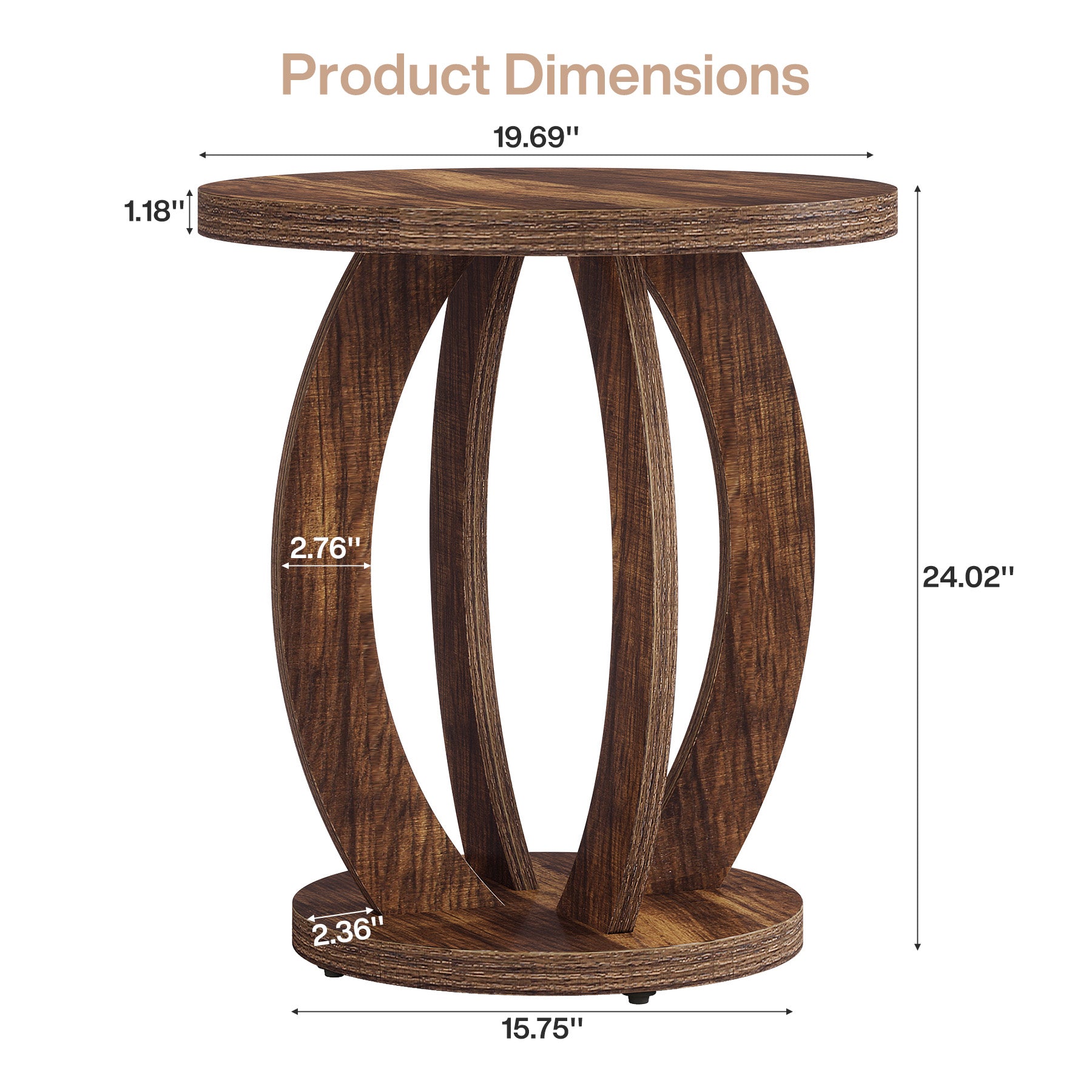 24" Round Farmhouse Nightstand - Bedside Table with Storage, Wood Base, Brown
