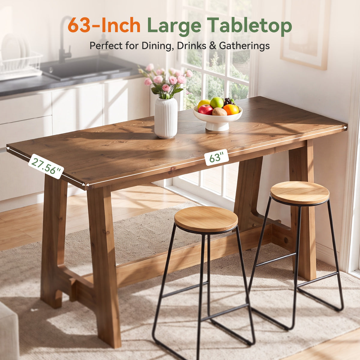 Tribesigns 63" Solid Wood Bar Table with A-Frame Footrest, Farmhouse Pub Table for Kitchen