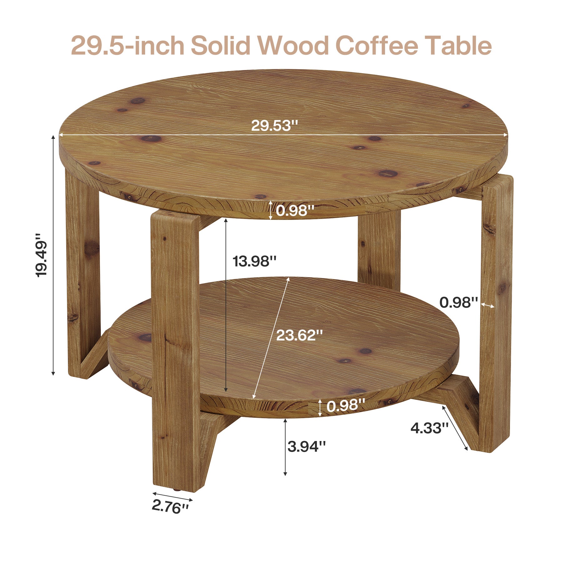 30" Solid Wood Round Coffee Table, Two-Tier Farmhouse Center Table with Natural Texture in Warm Brown