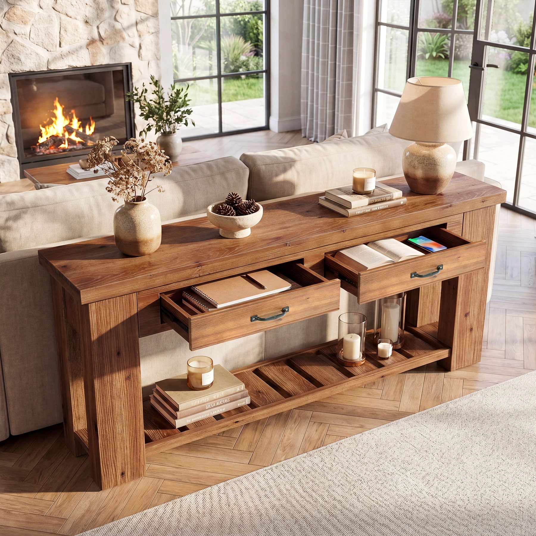 63-Inch Farmhouse Console Table with Solid Fir Wood Frame and 2 Drawers, Long Entryway Sofa Table with Slatted Shelf