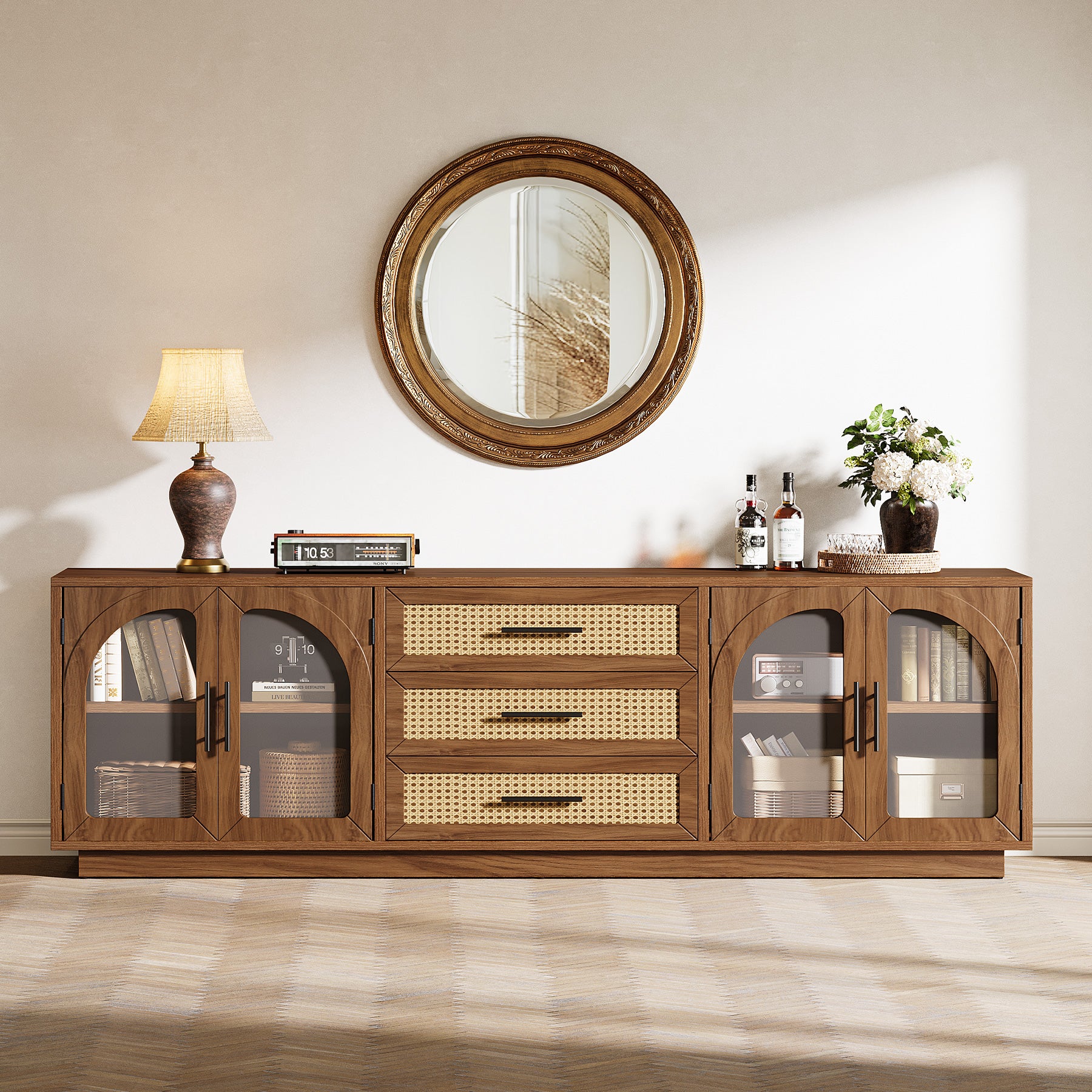 Tribesigns 71-Inch TV Stand with Rattan Drawers, Mid-Century Media Console for Living Room