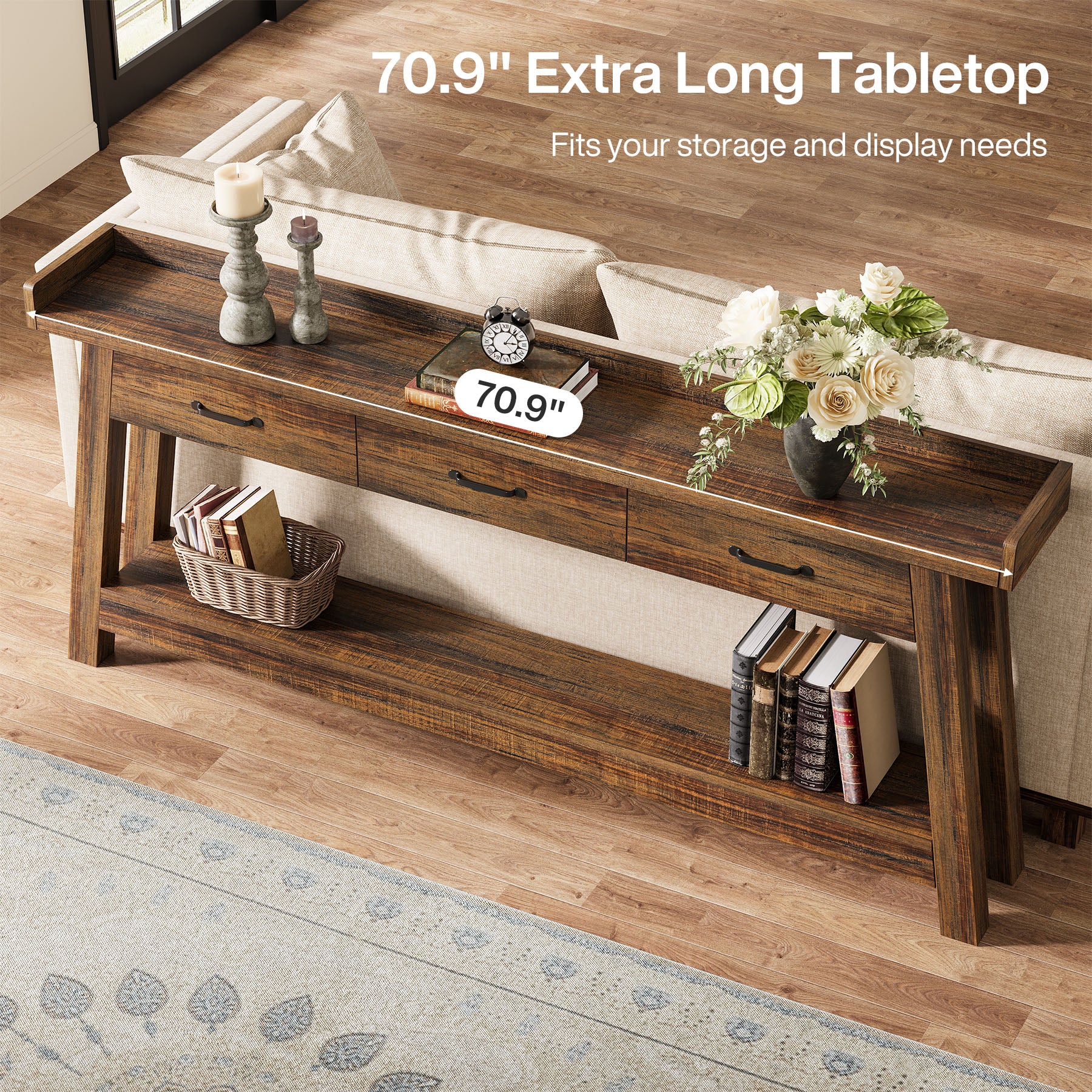 Tribesigns 70.9 Inch Extra Long Console Table with 3 Drawers, 2-Tier Sofa Table for Living Room