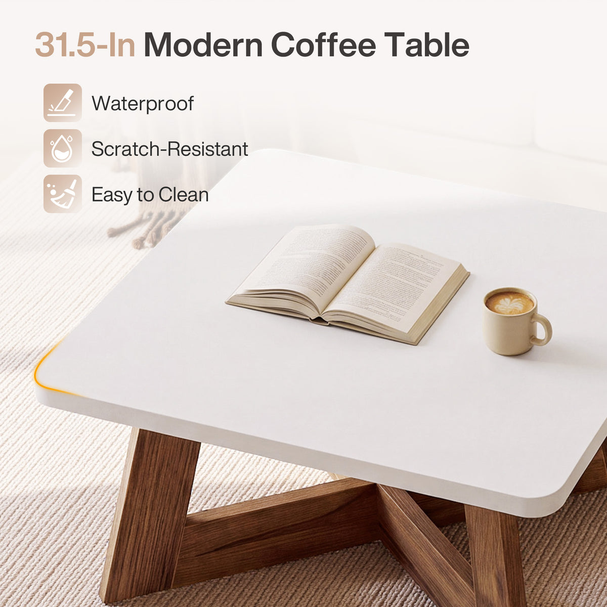 Tribesigns 31.5 Inch Square Coffee Table with Cross Base, Modern White Center Table for Living Room
