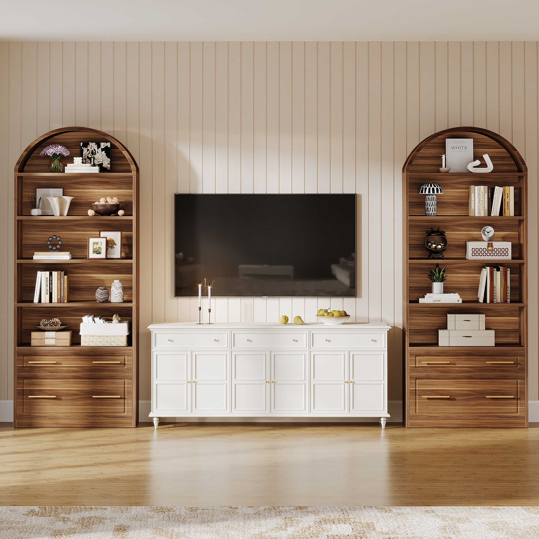 76.8-Inch Arched Bookcase with File Cabinet Drawer, 5-Tier Storage for Home Office