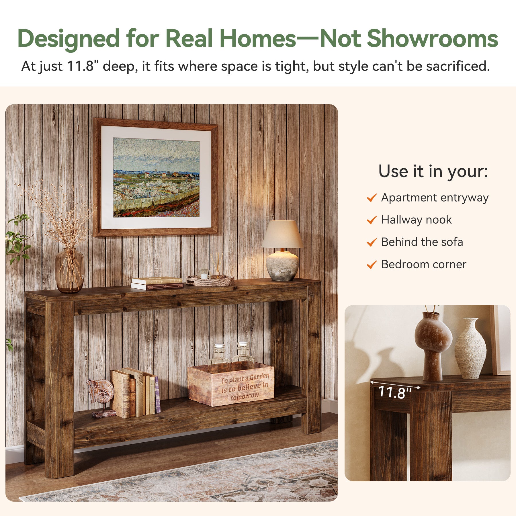 63" Console Table, Solid Wood Farmhouse Sofa Table with 2-Tier Storage