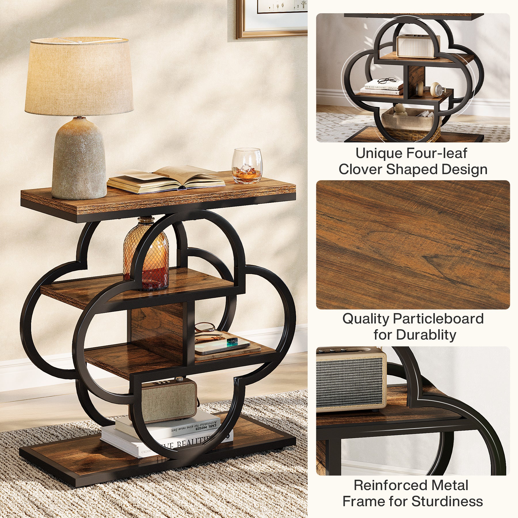 23.62 Inch Narrow Side Table with Storage, 4 Tier Wooden End Table with Metal Frame