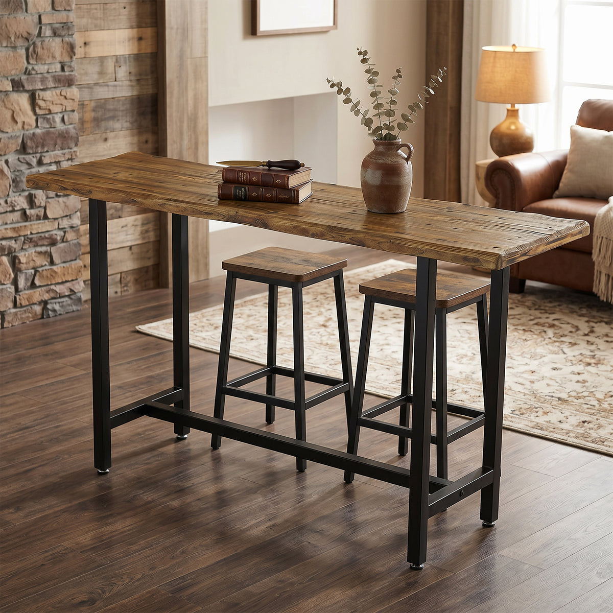 63 Inch Solid Wood Bar Table with Metal Footrest, Counter Height Dining Table for Home and Office