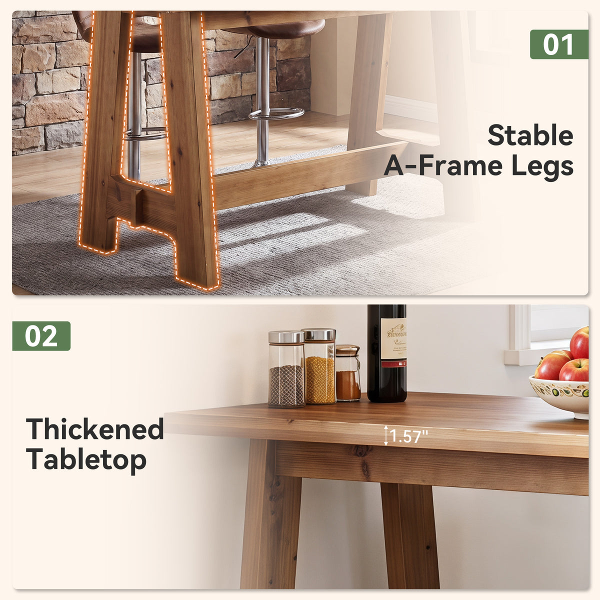 Tribesigns 63" Solid Wood Bar Table with A-Frame Footrest, Farmhouse Pub Table for Kitchen