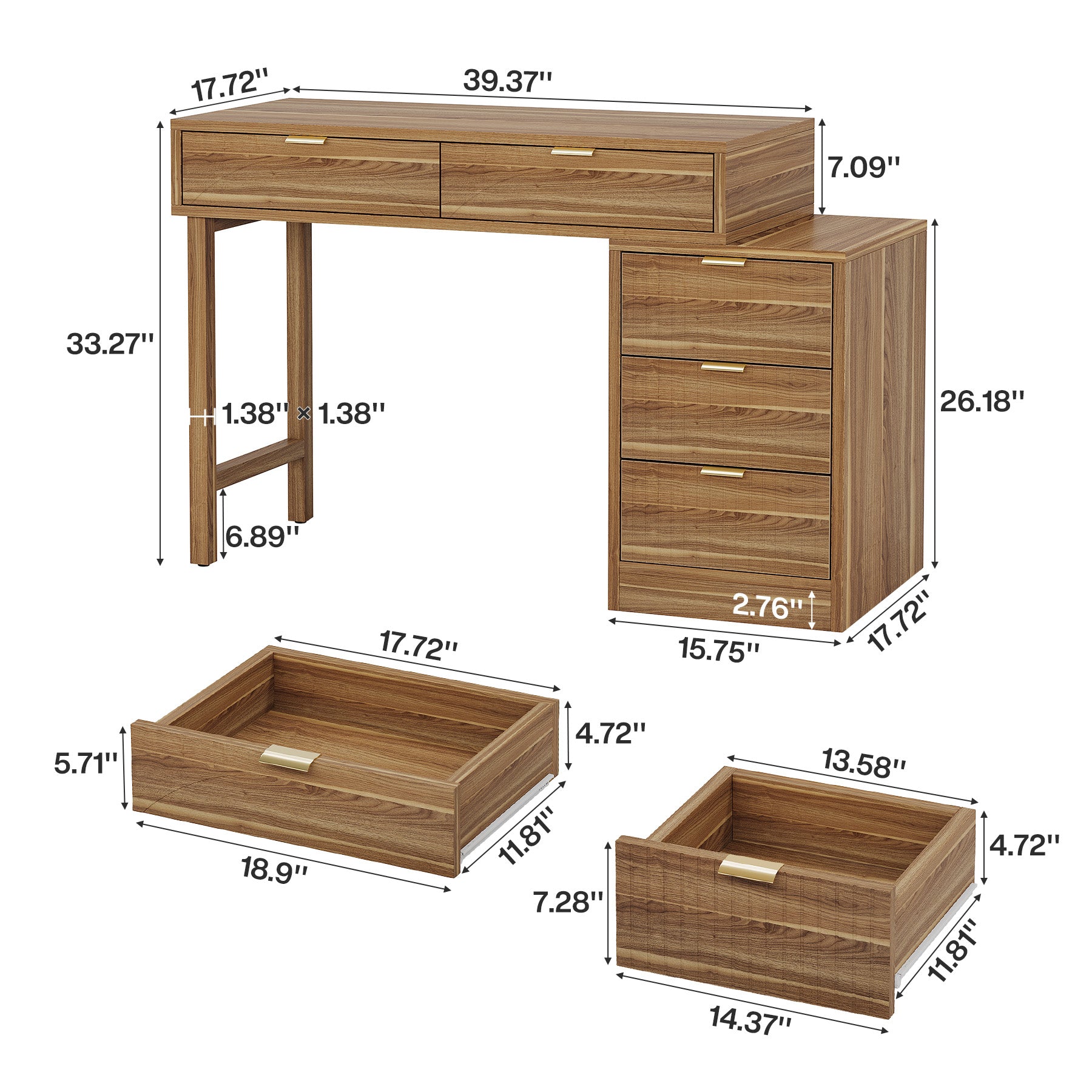Makeup Vanity Desk with 5 Drawers, Reversible Dressing Table for Bedroom and Narrow Spaces (without mirror)
