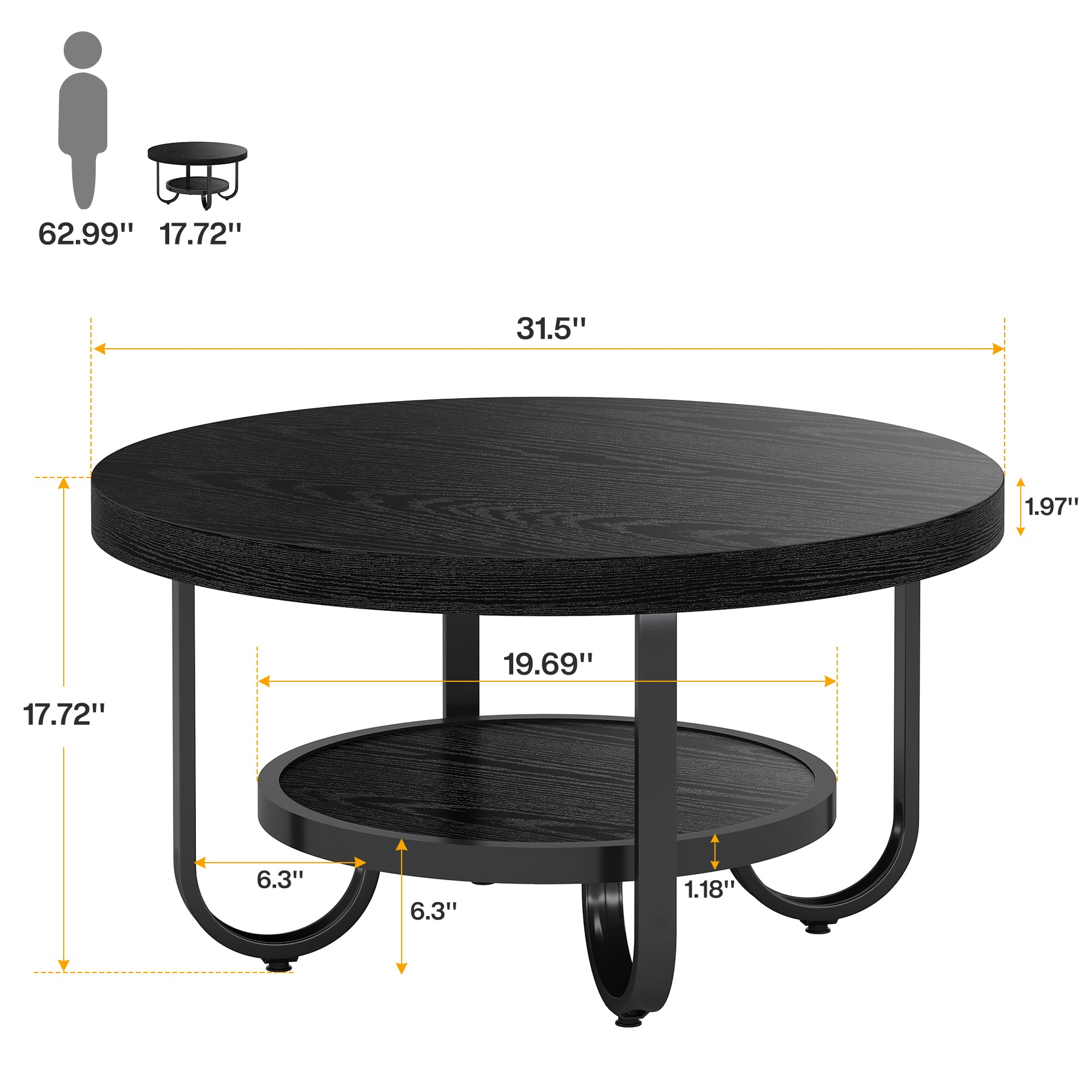 2-Tier Round Coffee Table with Storage, 31.5-Inch Center Cocktail Table