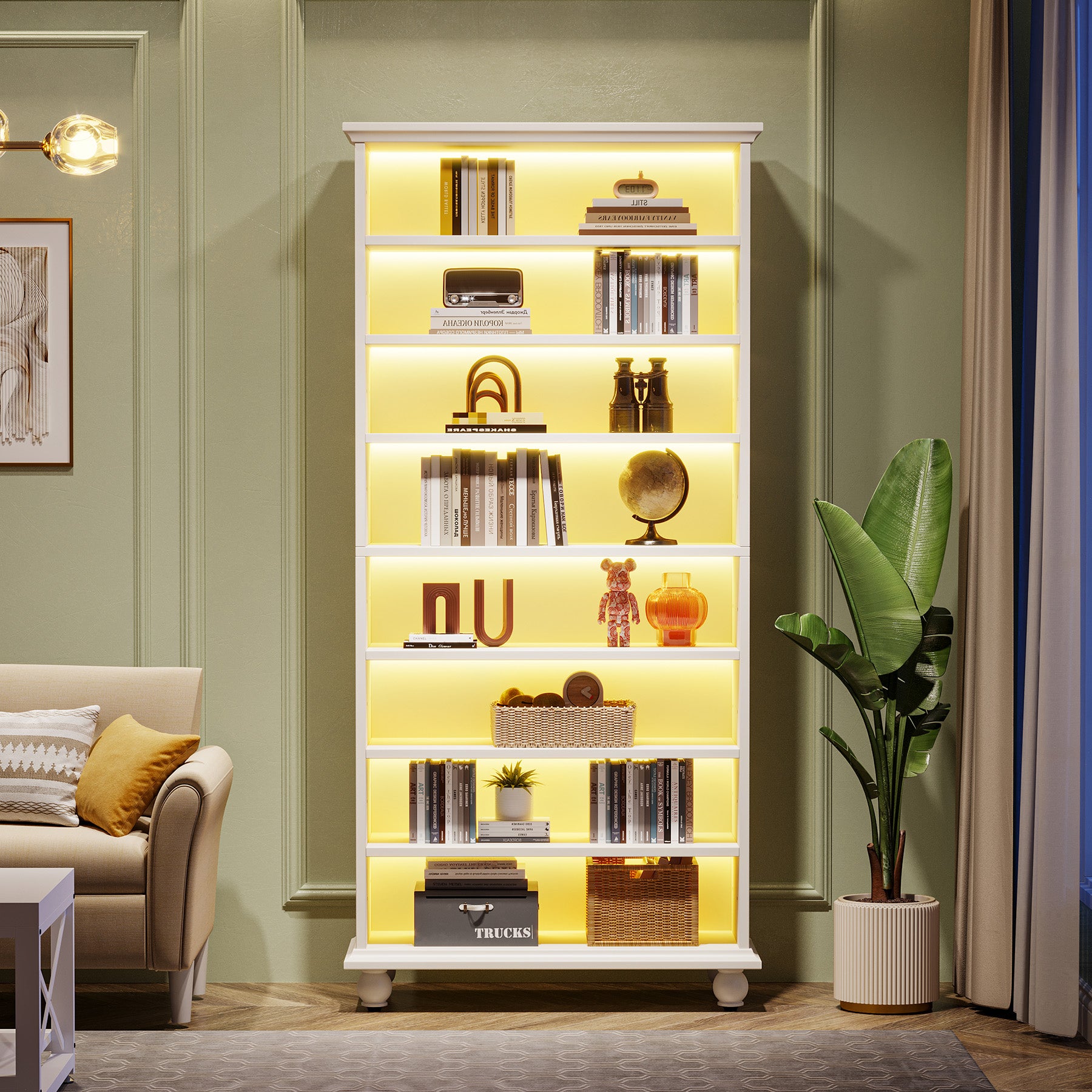 Tribesigns 69-Inch White Bookcase with LED Lighting and Solid Wood Legs, 9-Tier Open Bookshelf for Living Room and Home Office
