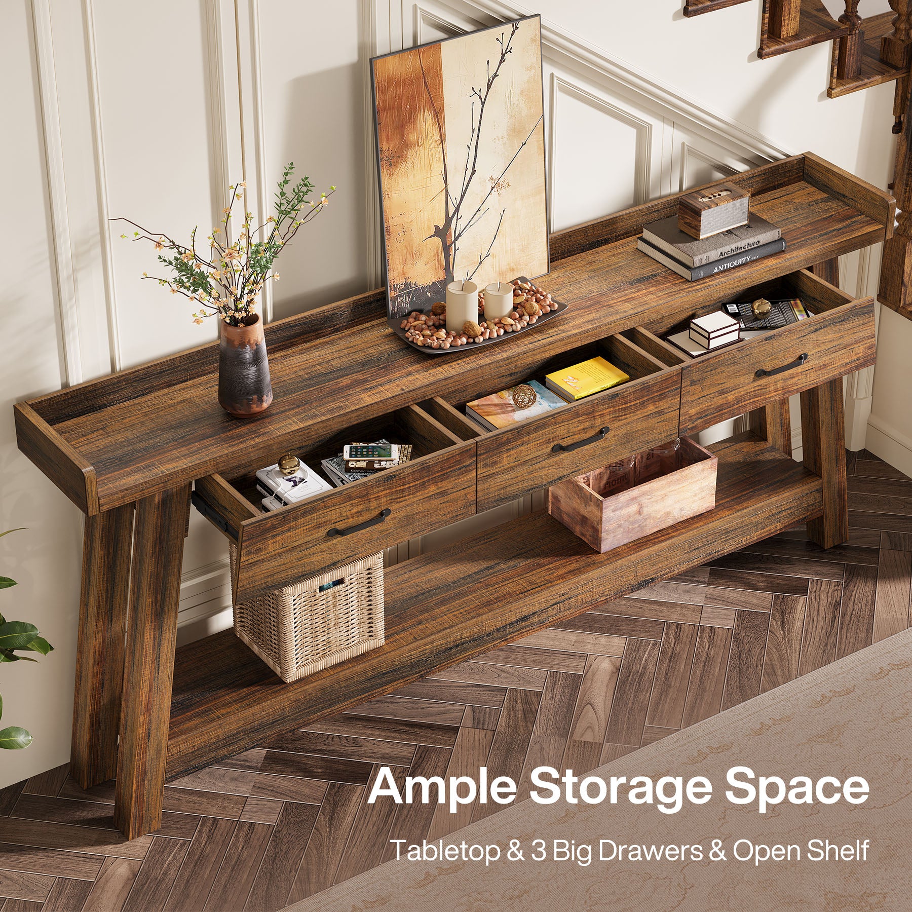 Tribesigns 70.9 Inch Extra Long Console Table with 3 Drawers, 2-Tier Sofa Table for Living Room