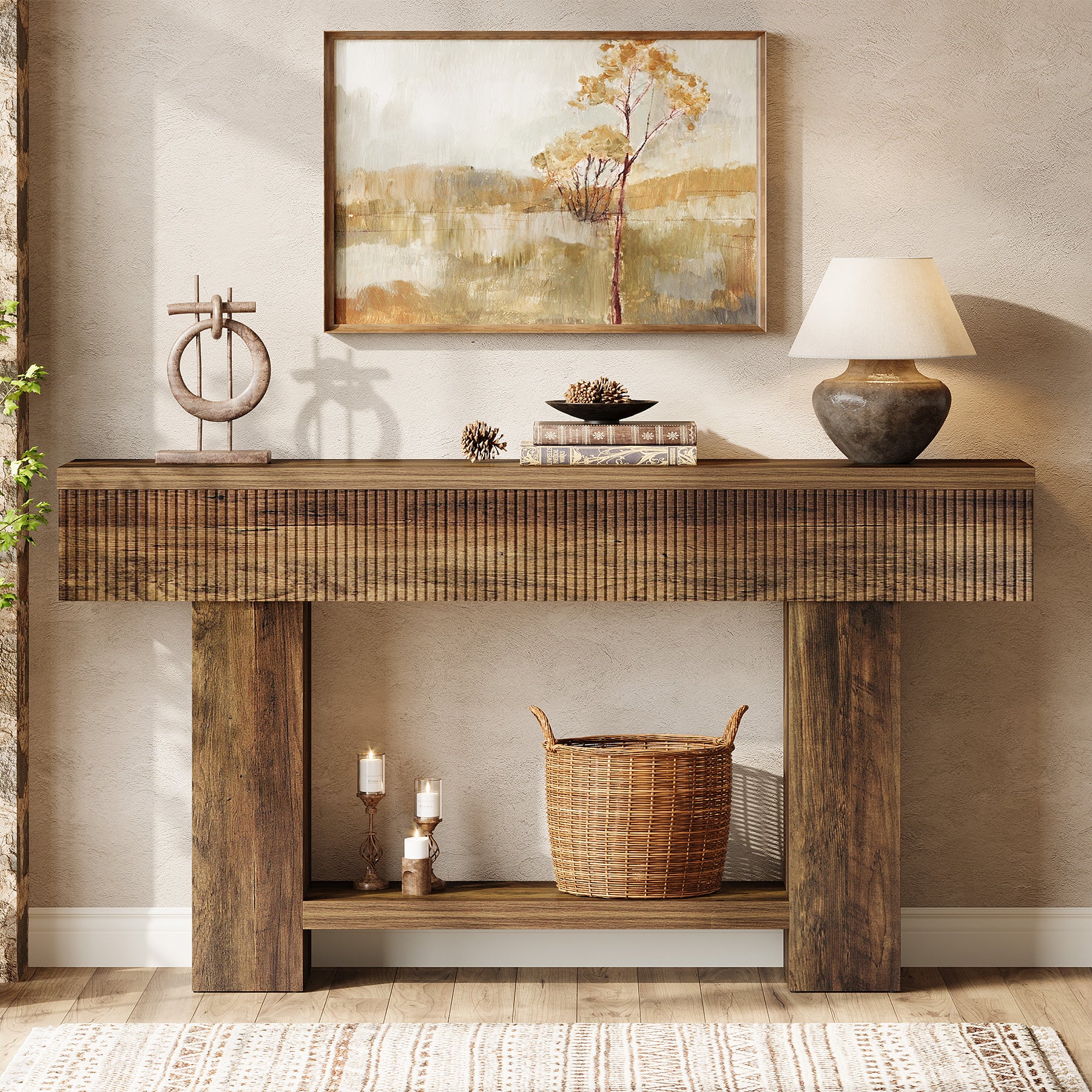 55-Inch Farmhouse Console Table with 2-Tier Storage and U-Shaped Base, Narrow Entryway Sofa Table for Hallway
