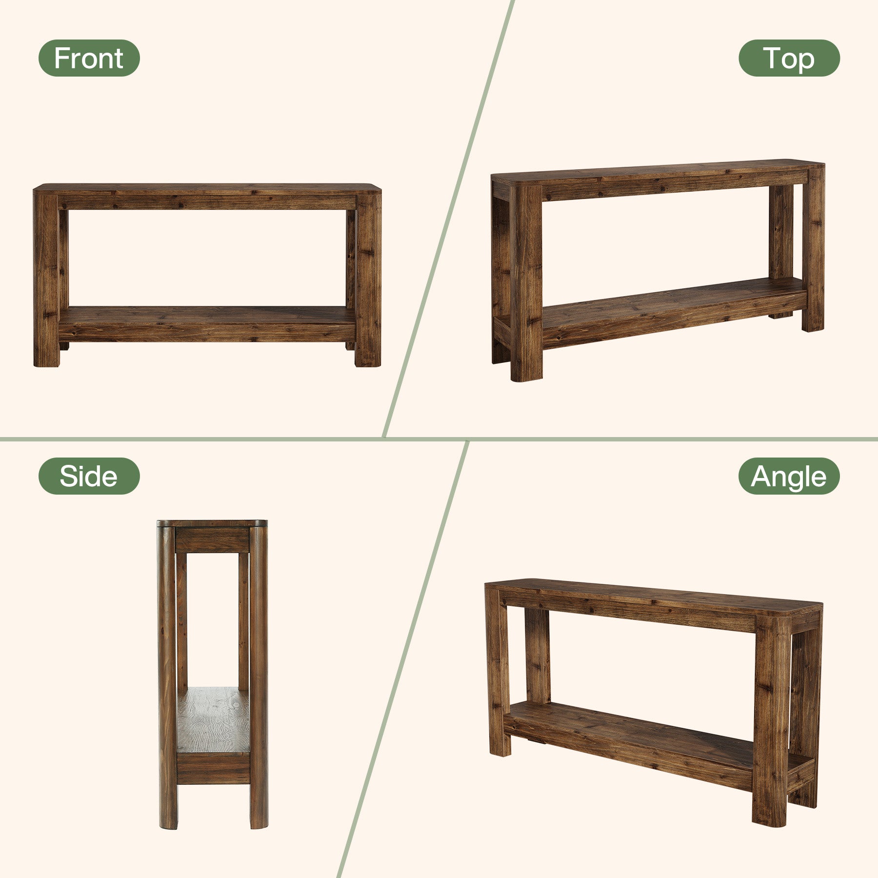 63" Console Table, Solid Wood Farmhouse Sofa Table with 2-Tier Storage